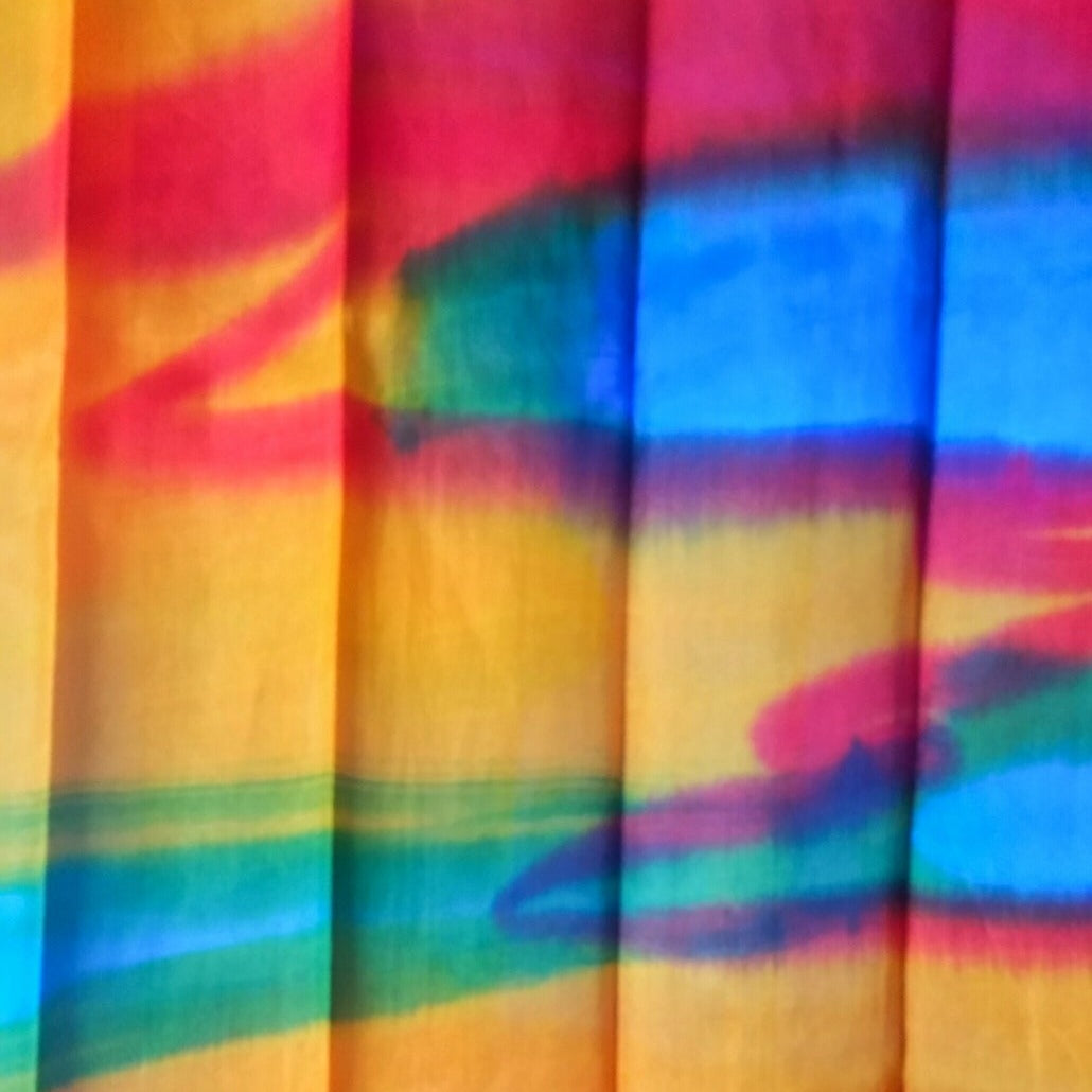 Large Hand Dyed Red, Yellow, Blue, and Green Fine Silk Scarf, with Contemporary Pattern