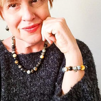 Expressions in Fire Agate, Gold, Orange, Gray Agate Bead Stretch Bracelet