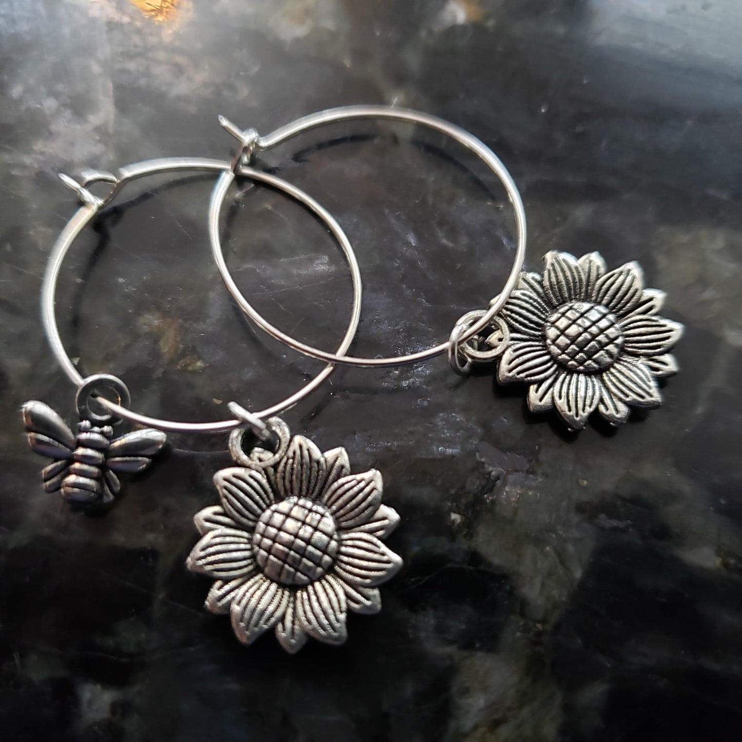Beginnings, Sunflower hoop dangle with bumble bee Earrings