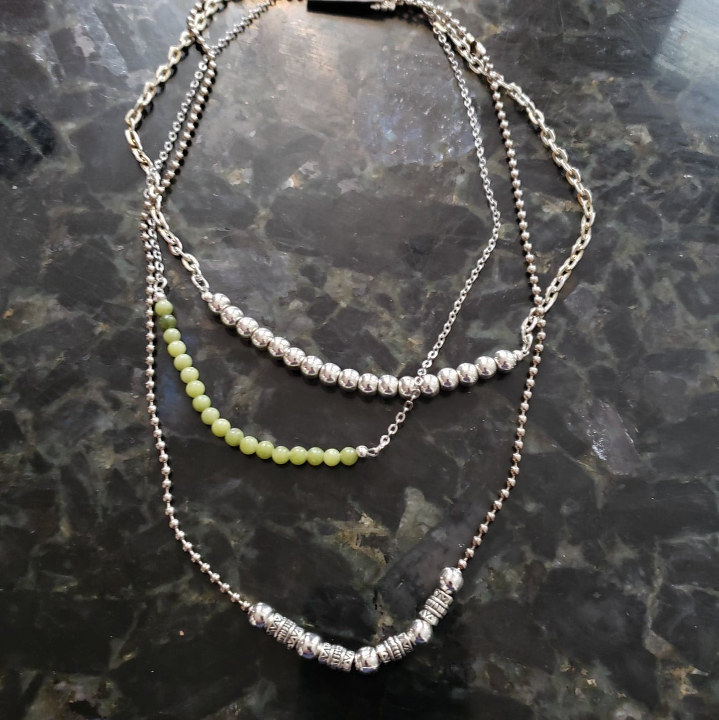 Stack Silver Necklace's With Silver Beads & Peridot Set Of Three