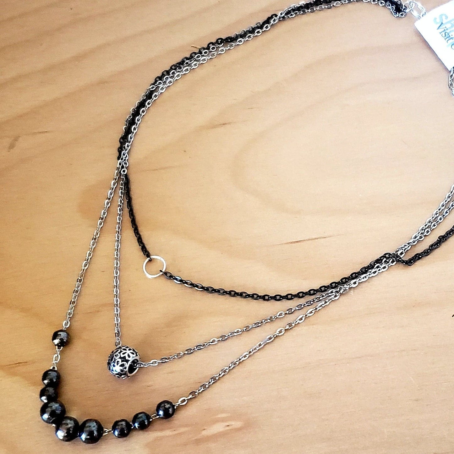 Three tear chain necklace silver filigree bead silver and black chains