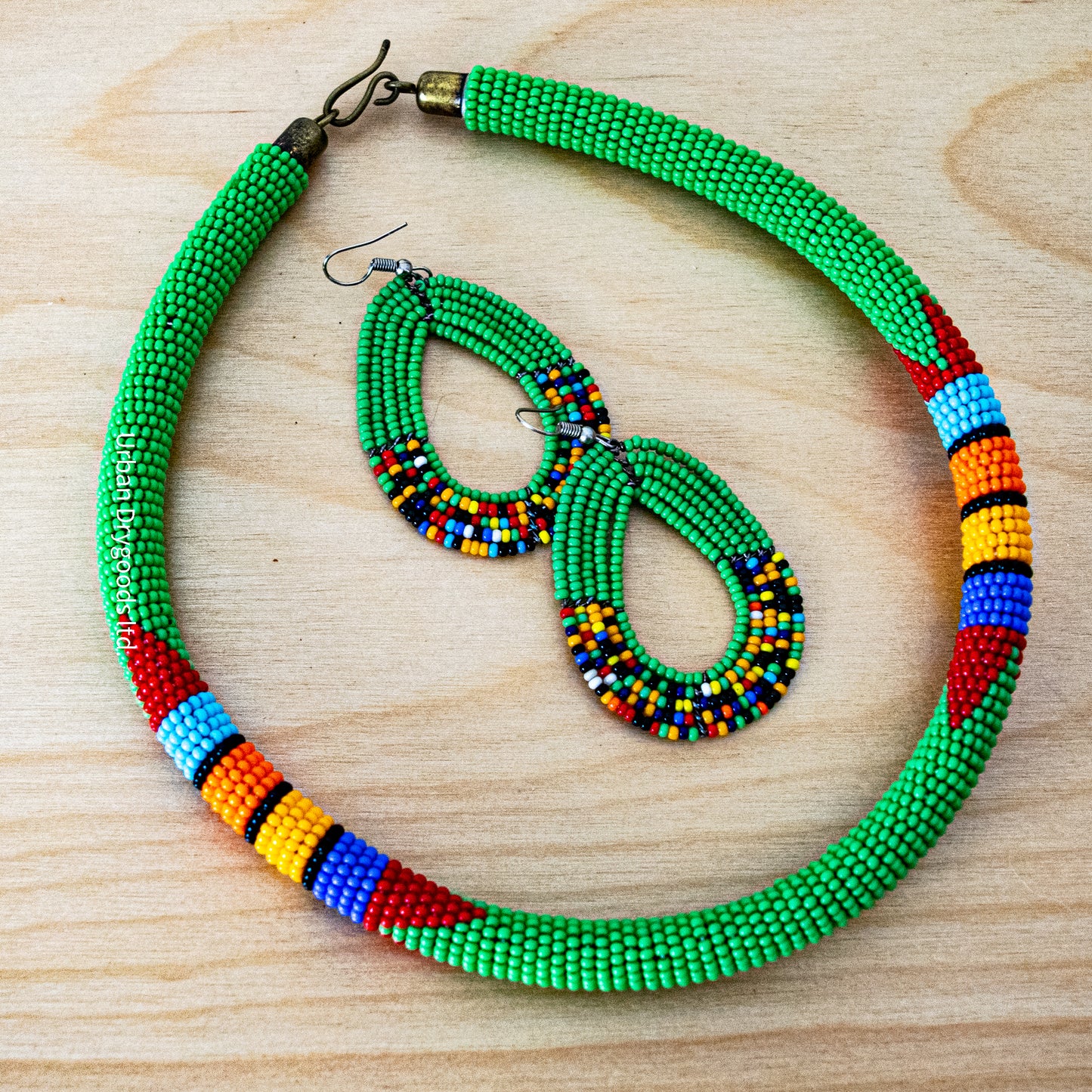 African Large Teardrop Earrings, Green, with Multicolored Accents