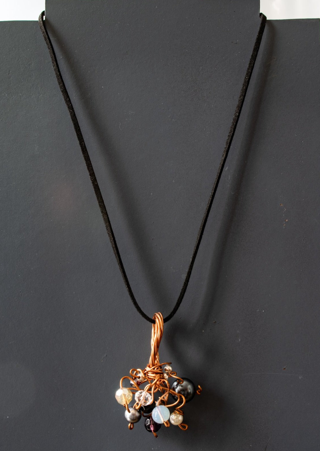 Branches, Copper Pendant with Beads on a Black Faux Leather Necklace