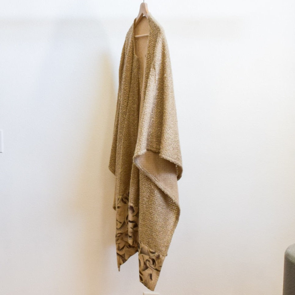 Modern Beige Knit Women's Roan, Wrap, Shawl, or Open Front Poncho with Decorative Banding