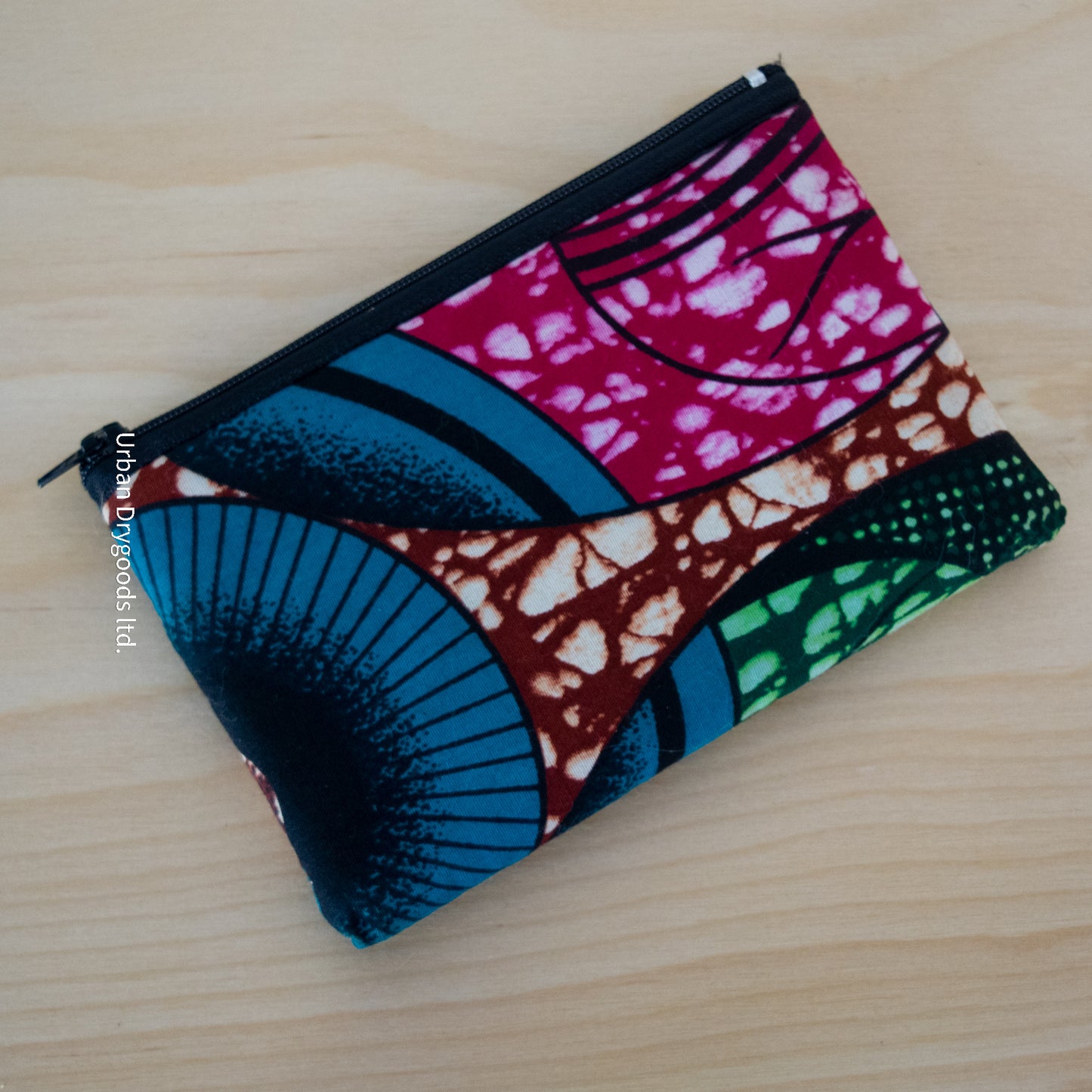 Handmade African Small Purse, Orange, with Teal Circles, and Fuchsia and Green Background