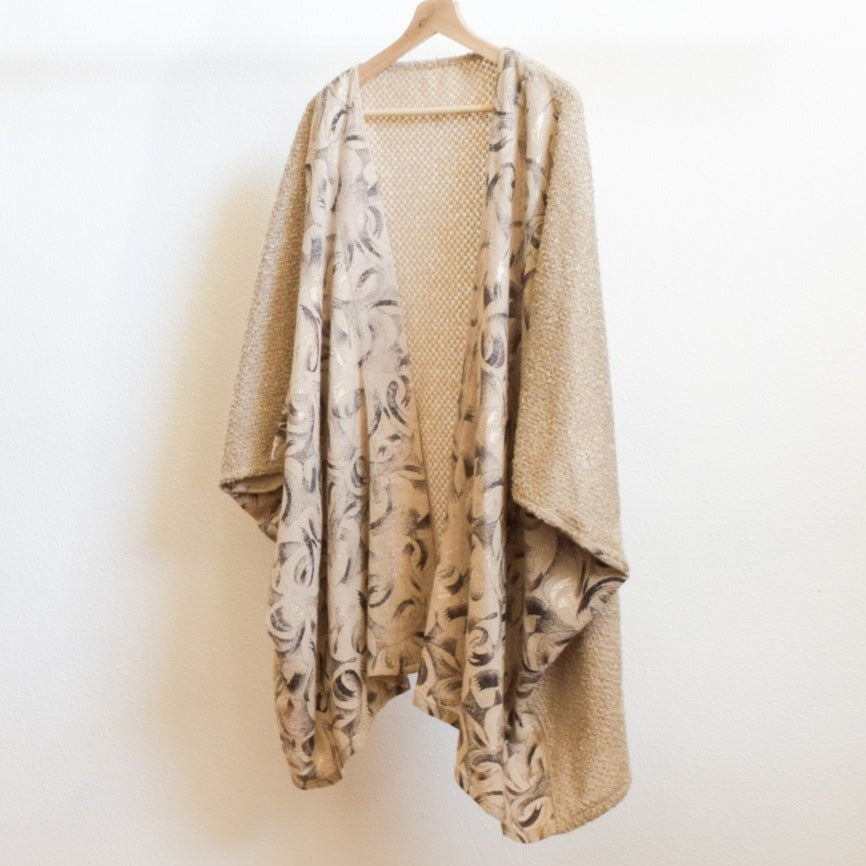 Modern Beige Knit Women's Roan, Wrap, Shawl, Open Front Poncho with Coordinating Front Panels