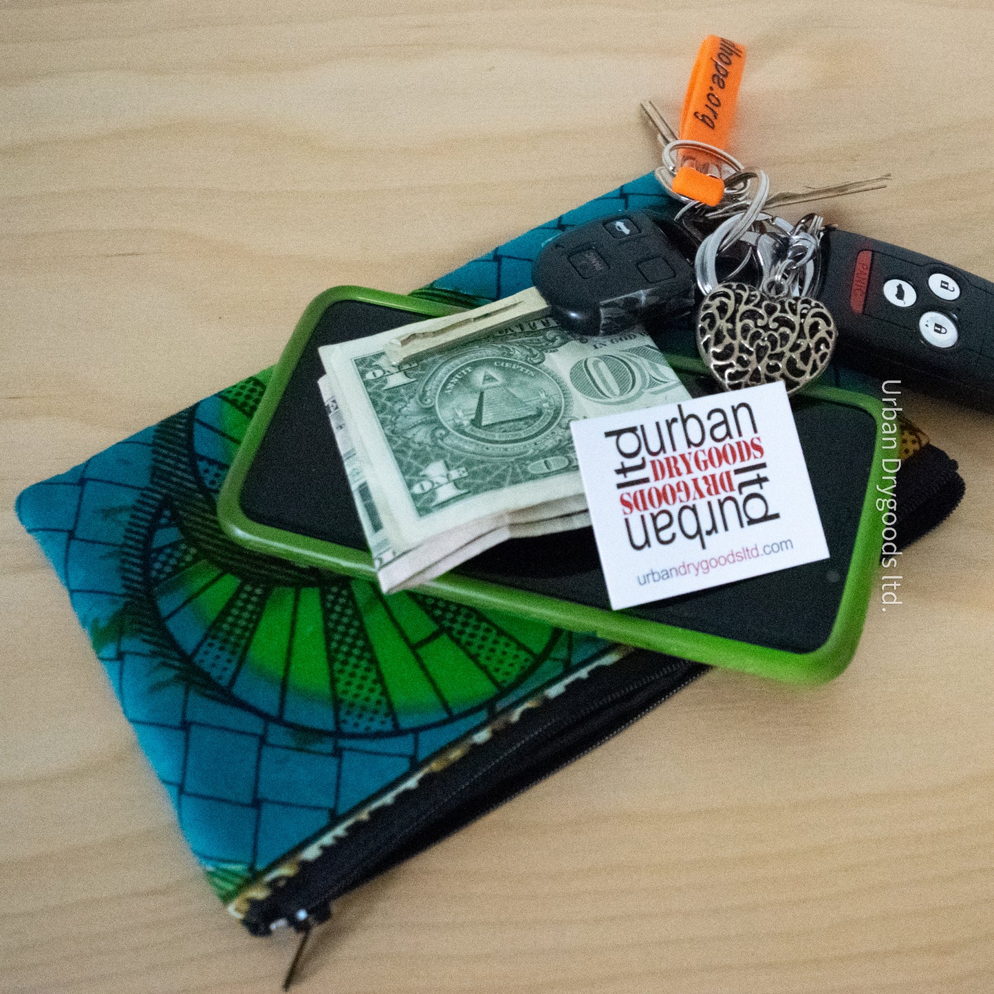 African, Handmade Padded Case for E-Readers, Jewelry, Etc. Blue Background, with Green, and Gold Abstract Circles