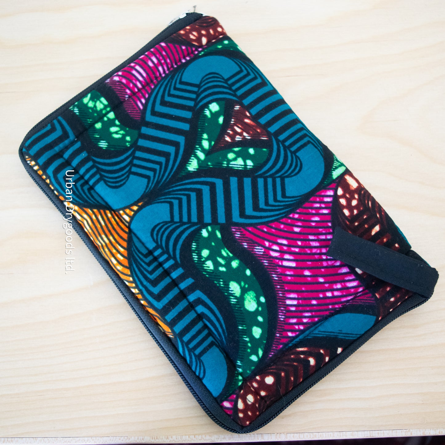 African, Handmade Padded Pouch for Small Tablet Computers. Fuchsia, Gold, Teal, and Brown, Organic Swirls with Gold and Black Accents