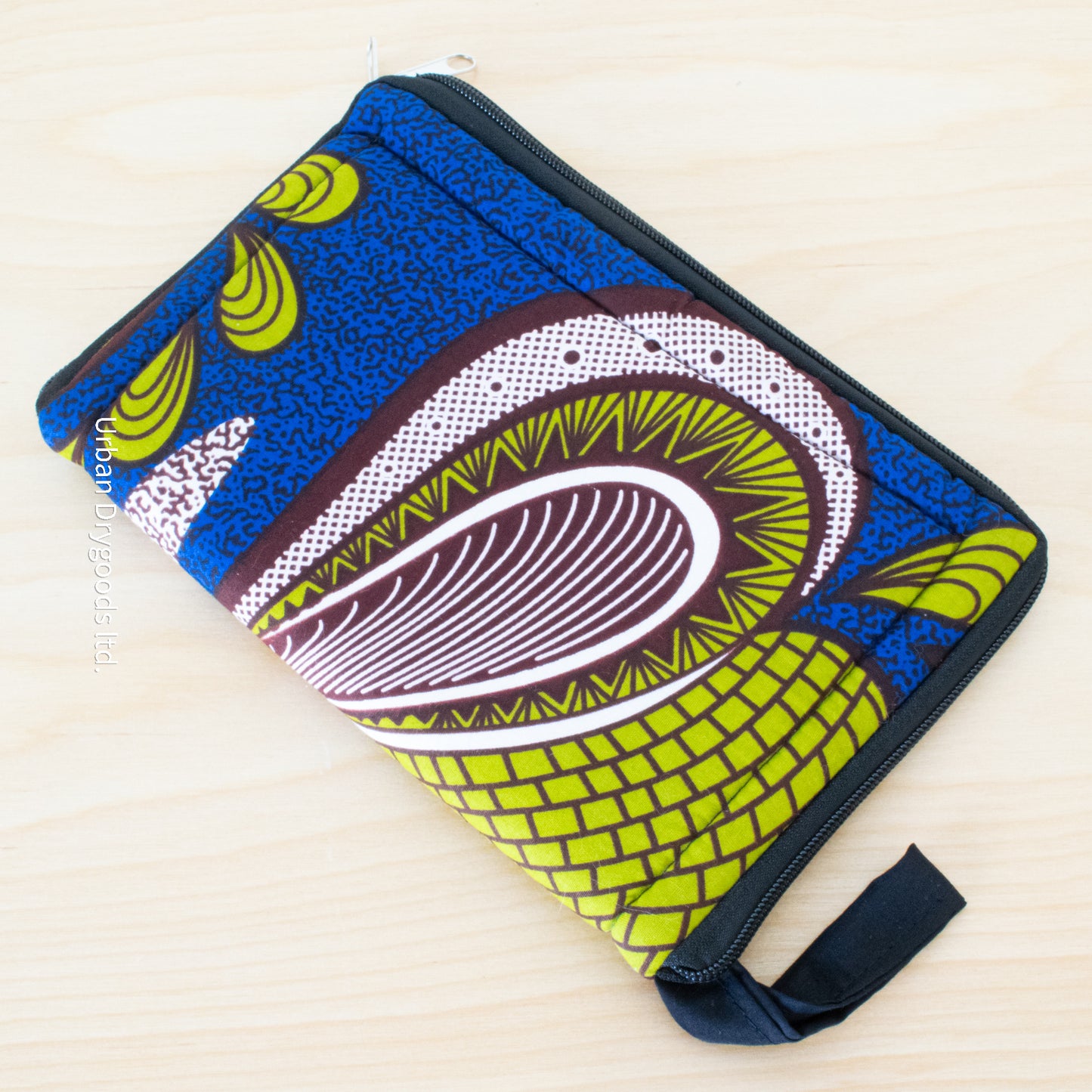 African, Handmade Padded Pouch for Small Tablet Computers. Green, Blue, and Brown, Paisley Design