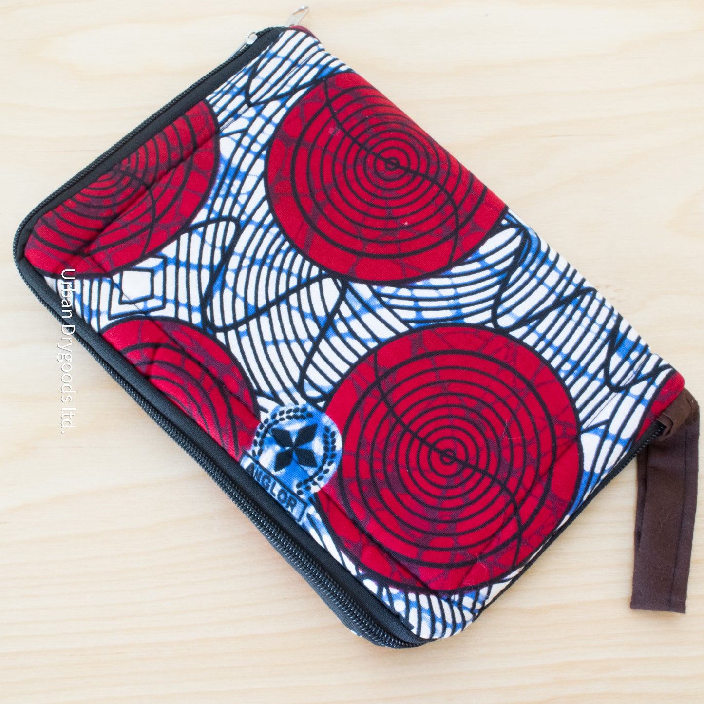 African, Handmade Padded Pouch for Small Tablet Computers. Red Circles, on a Blue and White Background