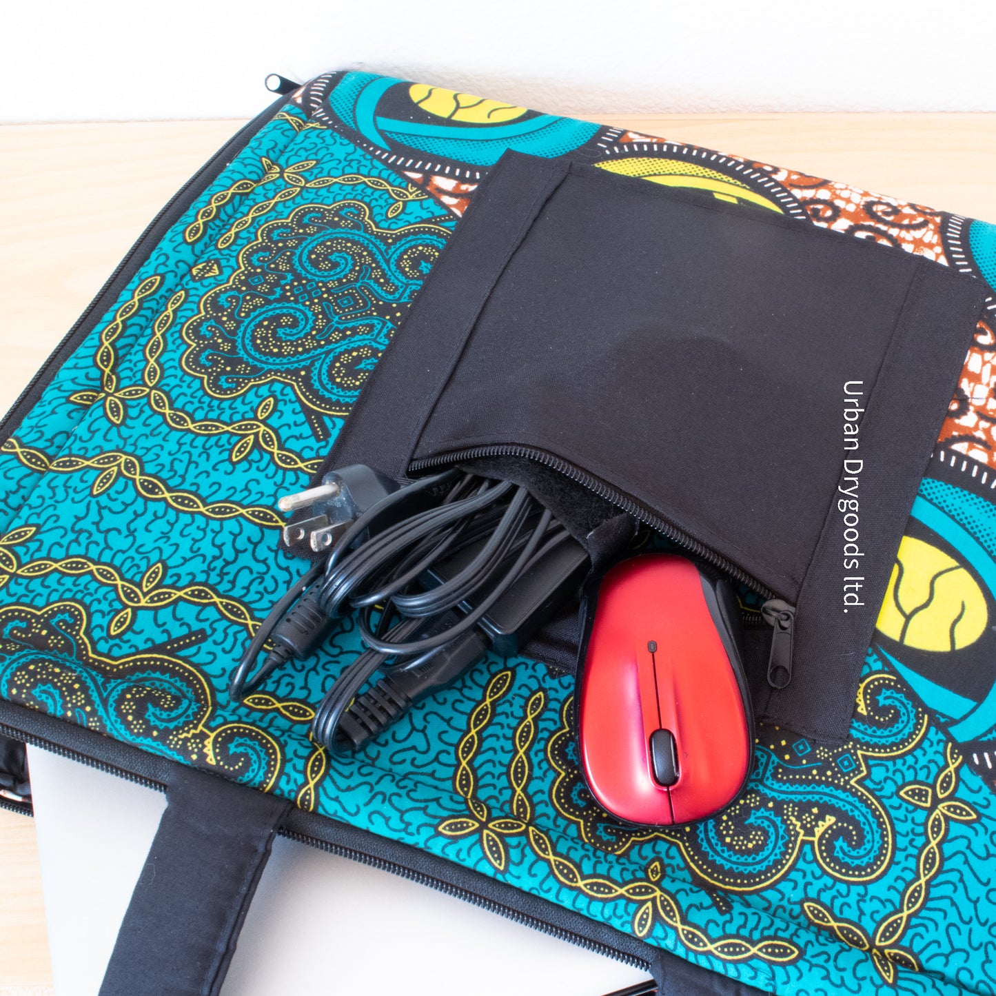 Handmade African Laptop Computer Sleeve with Teal, Yellow, and Brown