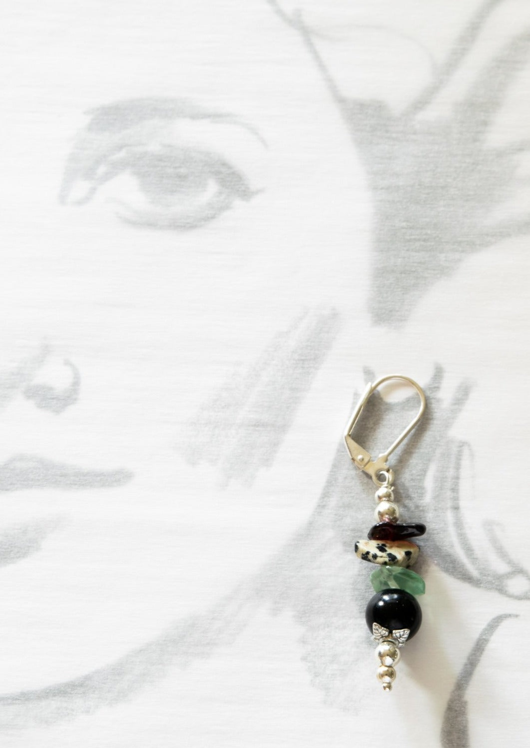 Little Treats, Dangle Earrings with Natural Dalmatian Stones, Aquamarine Stones, and Black Glass Beads