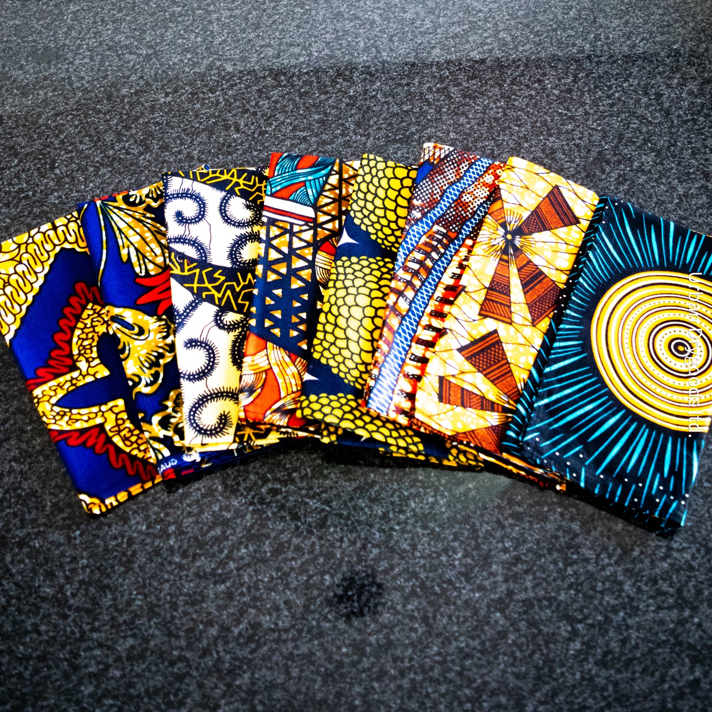 Limited-Edition, Handmade African Cloth Napkins, with Dark Blue, Yellow, and Orange Concentric Pattern, Set of Two