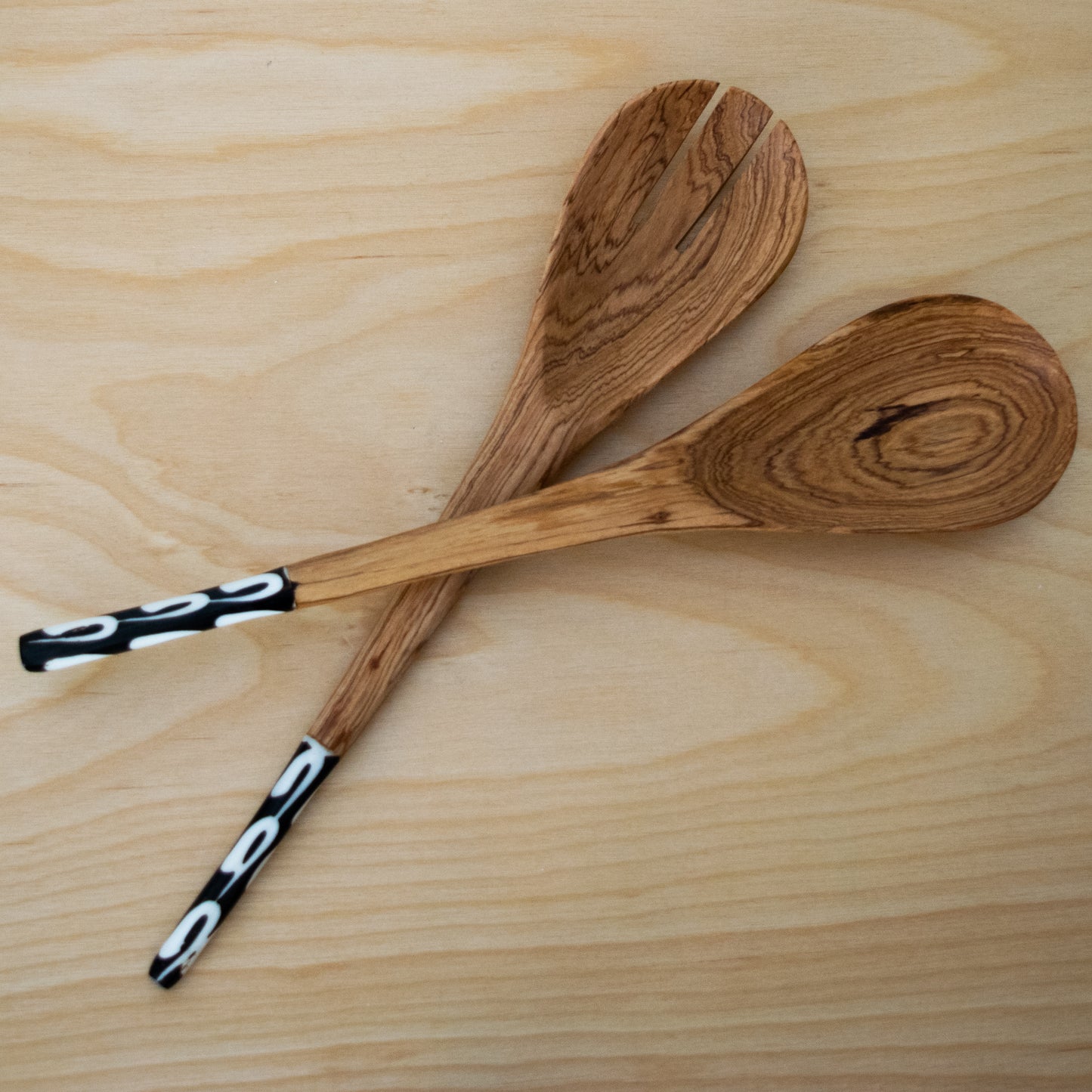 Hand Carved Olive Wood Salad Servers with Batik Cow Bone Handle