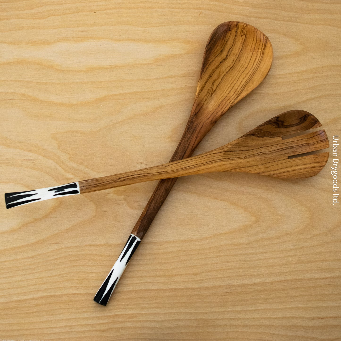 Hand Carved Olive Wood Salad Servers with Classic Cow Bone Handle