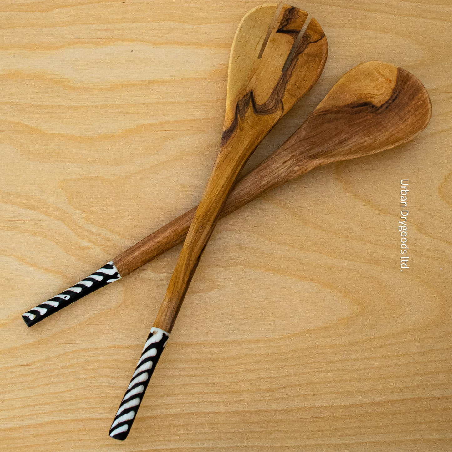 Carved Olive Wood Salad Servers, with Black and White Striped Cow Bone Handles