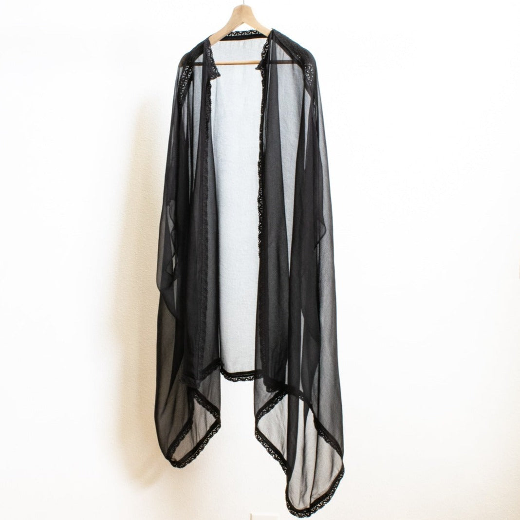 Women's Sheer Black Chiffon Open Front Kimono Top Blouse with Crocheted Accents