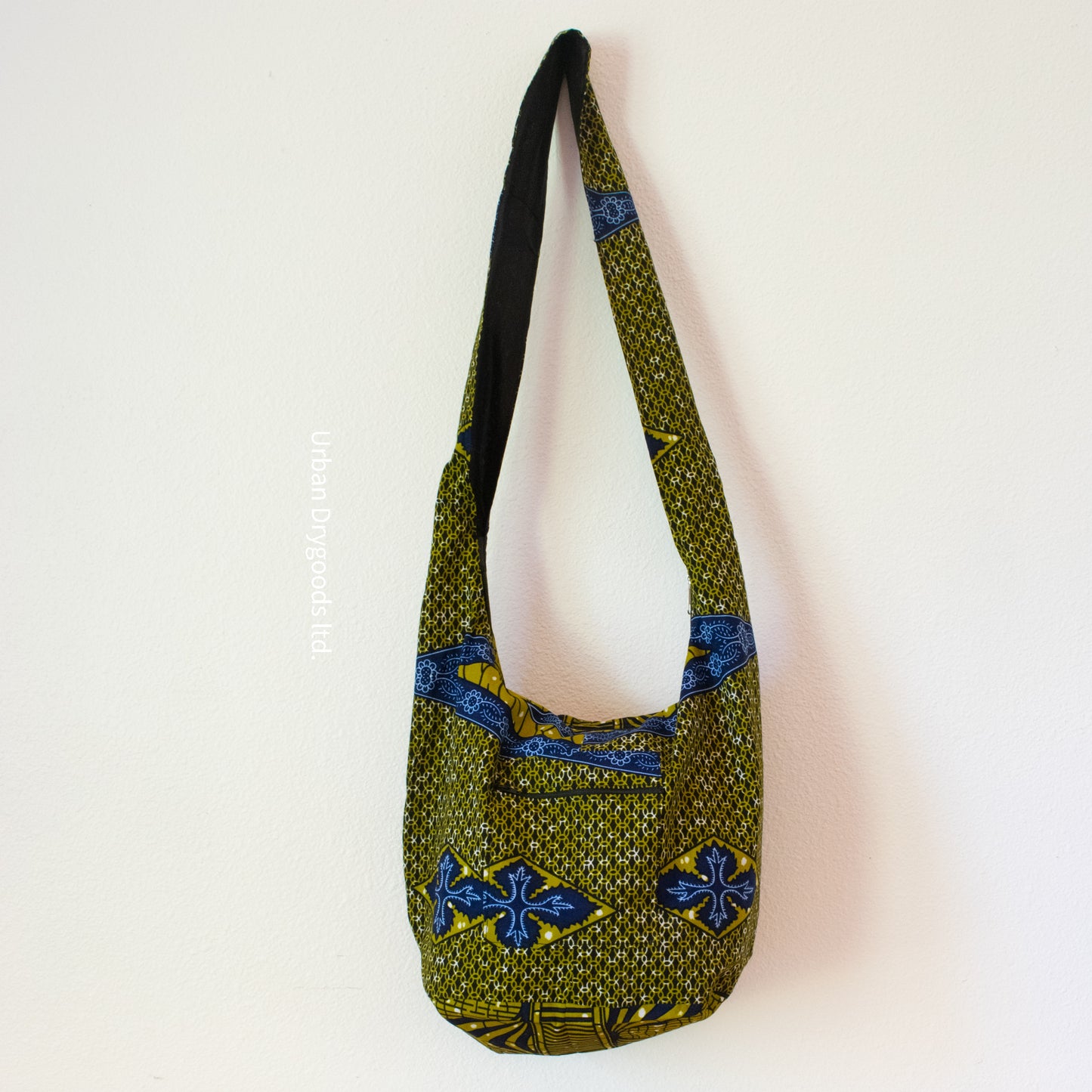 Cross Body Sling, Ethno, Hippie Bag, with Green and Navy Blue Flowers and Leaves