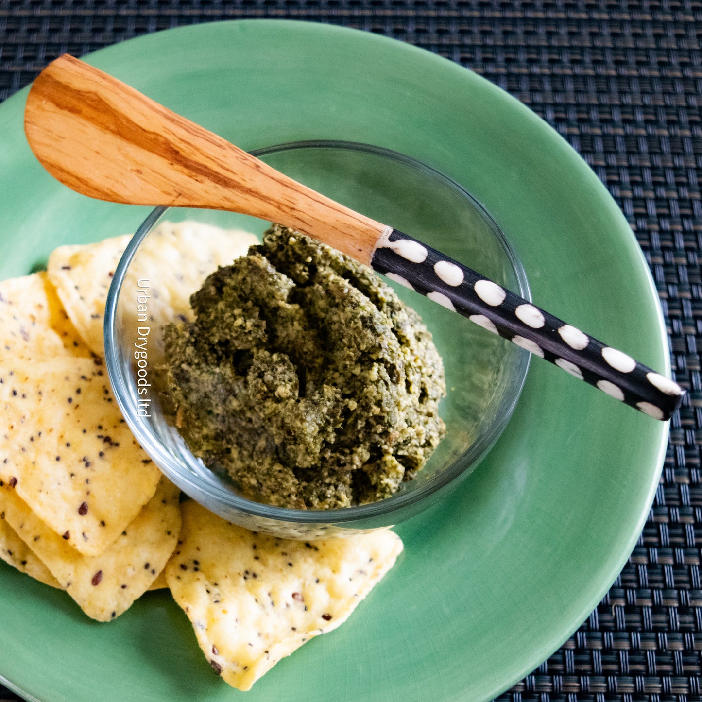 Carved Olive Wood Butter Spreader with poka-dot Handle