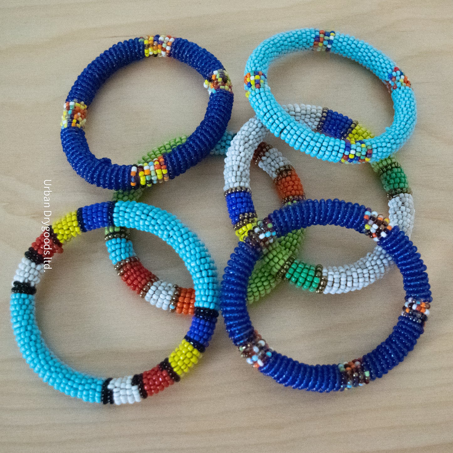 African Beaded Bangle Bracelet, Sky-Blue with Black, Periwinkle, Yellow, Red and White Accents