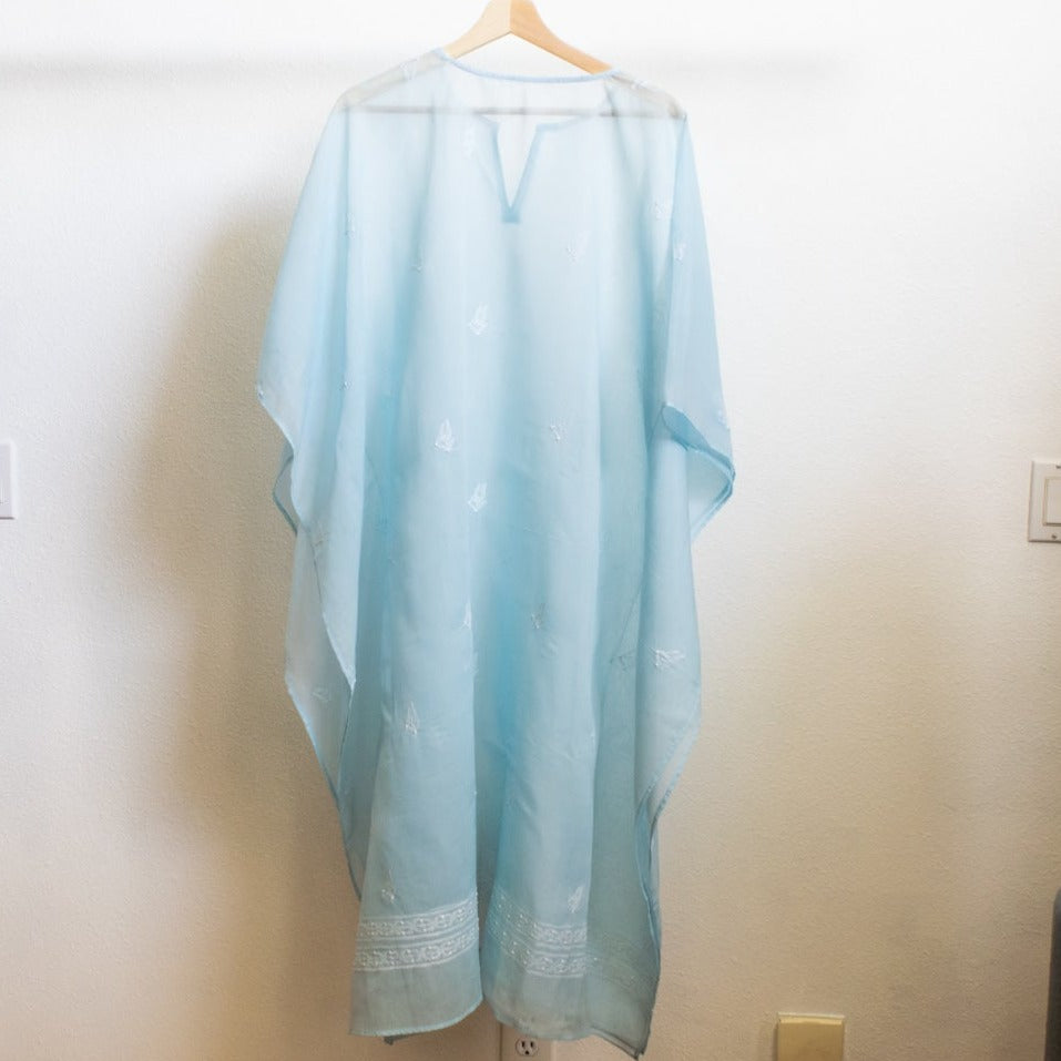 Women's Light Blue, Hand Embroidered Dress/Tunic/Caftan, with Small Flowers