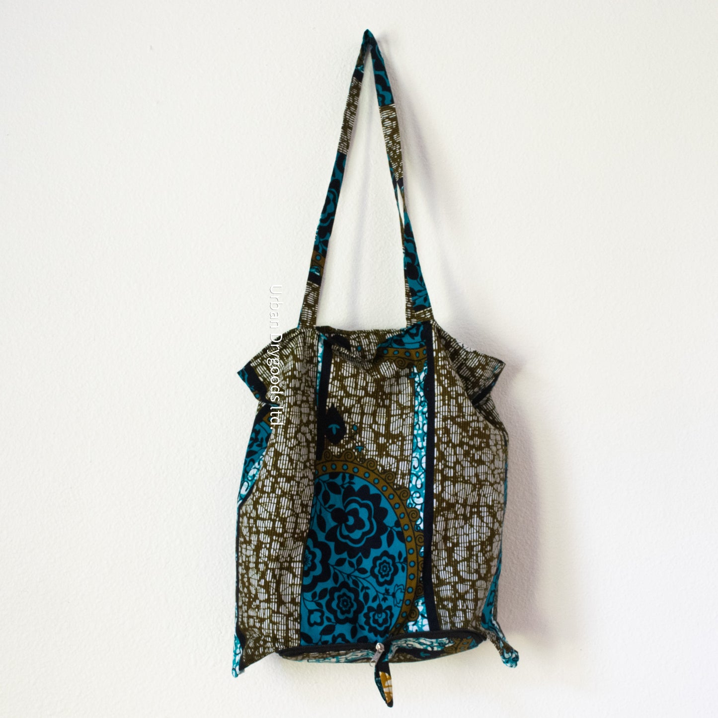 Handmade African Folding Tote Bag with Green and Blue Colored Pattern