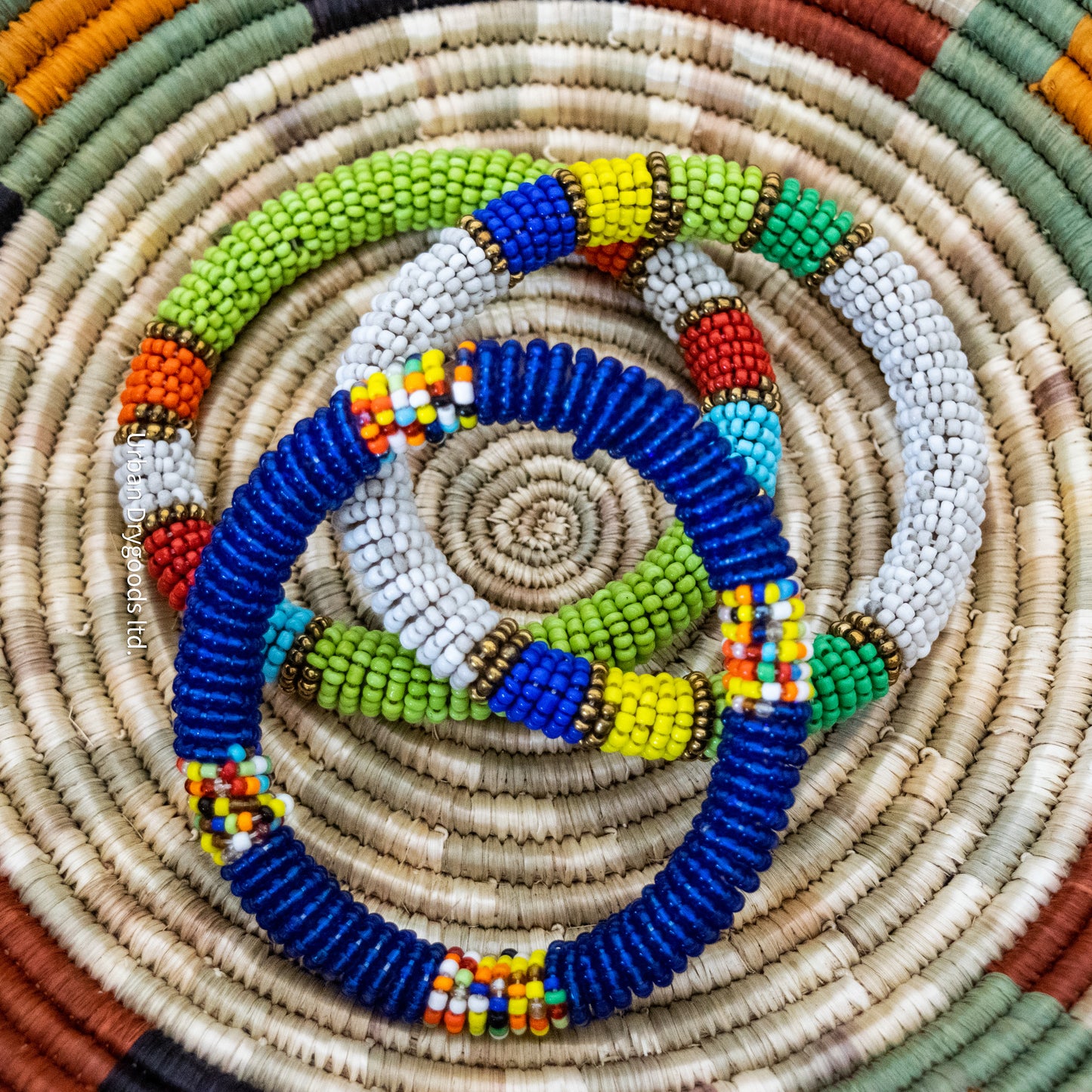 African Beaded Bangle Bracelet, Navy Blue with Multi-Colored Accents
