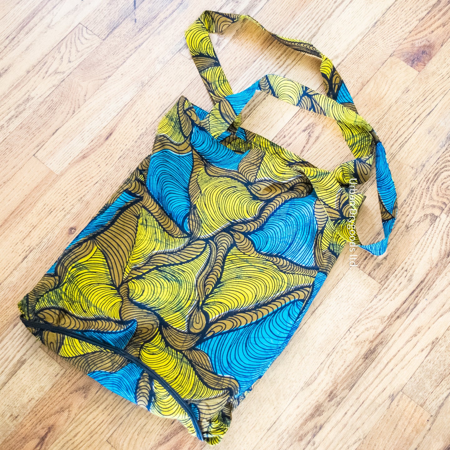 Handmade African, Heart Shaped, Folding Shopping Tote Bag, Teal, Brown, and Gold Pattern