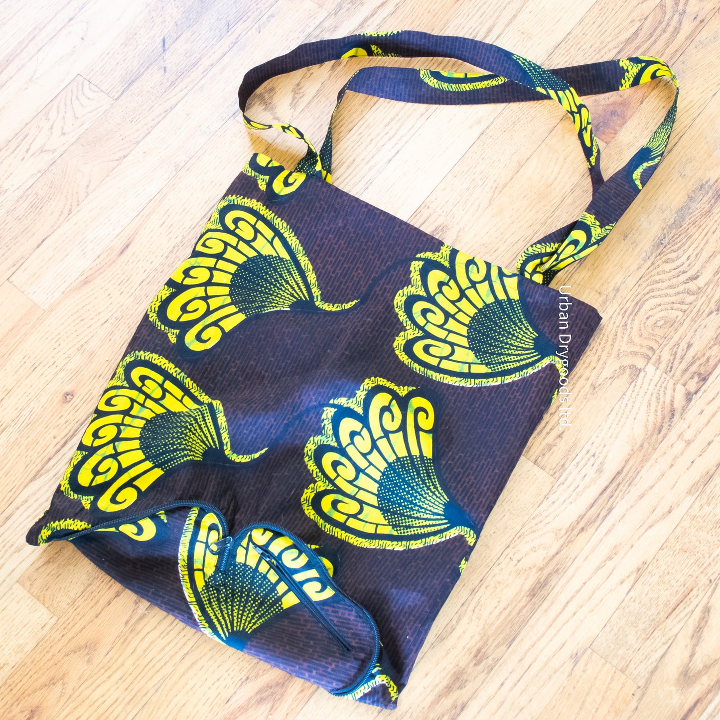 Handmade African, Heart Shaped, Folding Shopping Tote Bag, Gold and Brown Design