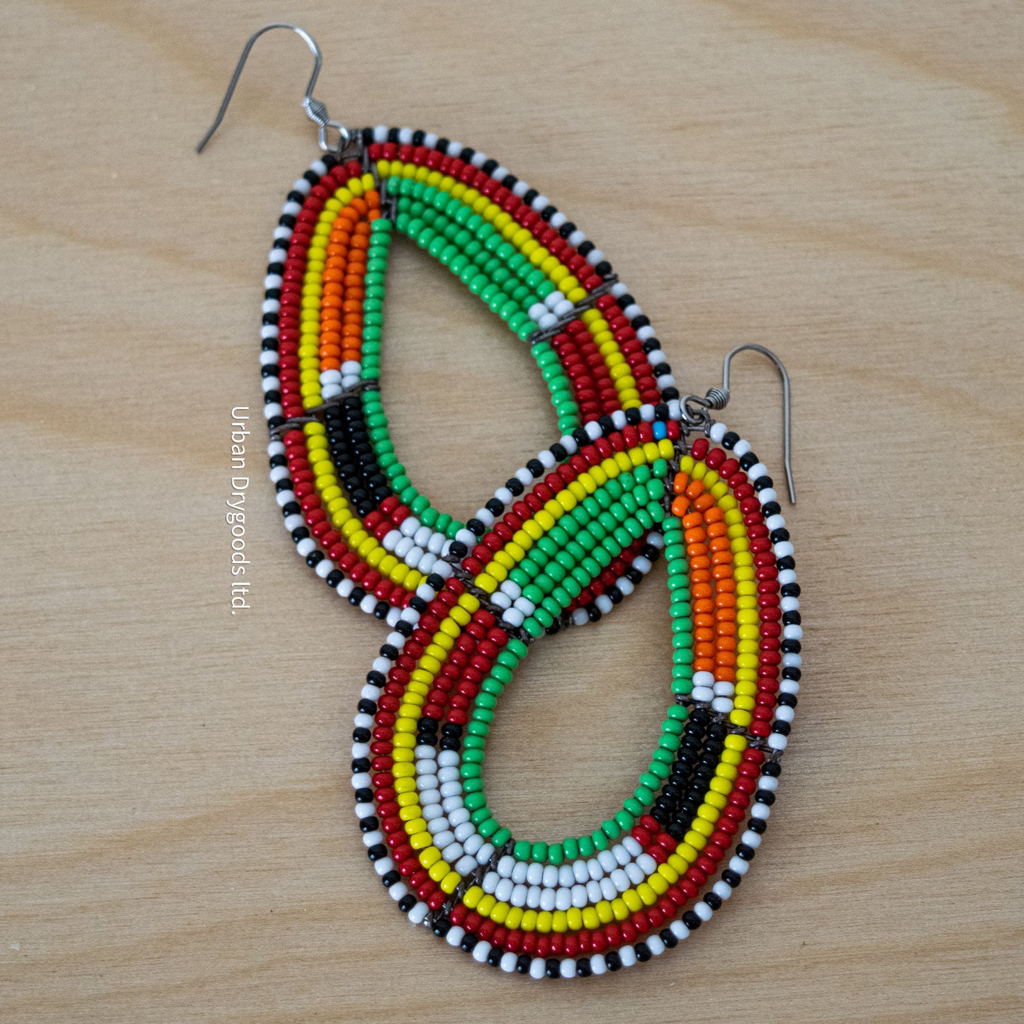 African Large Teardrop Earrings, with Black and White, Red, Yellow, Green, and Orange Accents