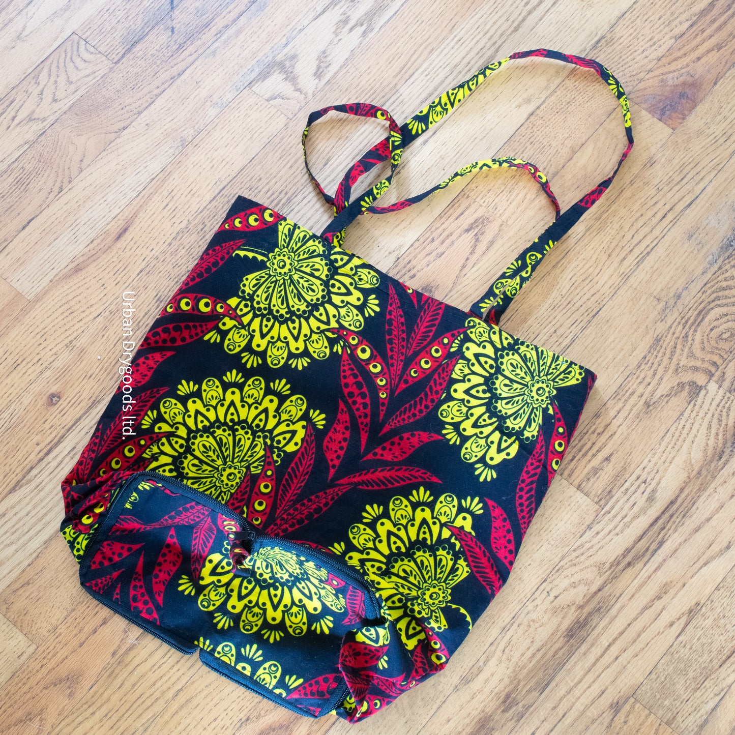 Handmade African Folding Tote Bag with Red and Yellow Pattern