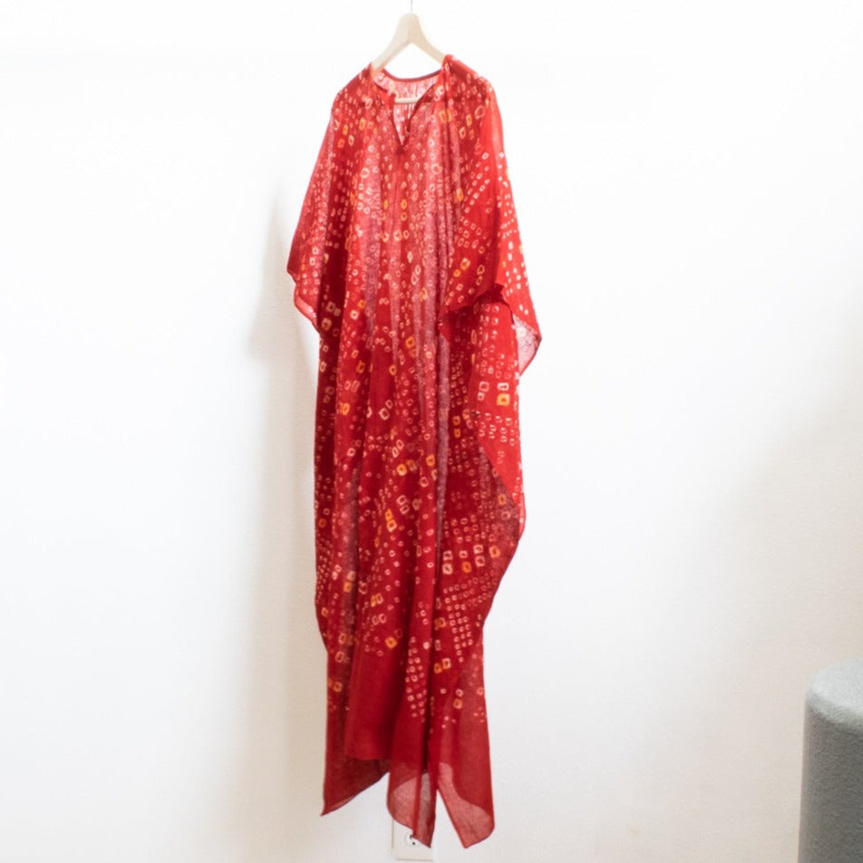 Women's Light Red, Hand Dyed, Cotton, Midi-Caftan - Tunic - Dress with Batwing Sleeves