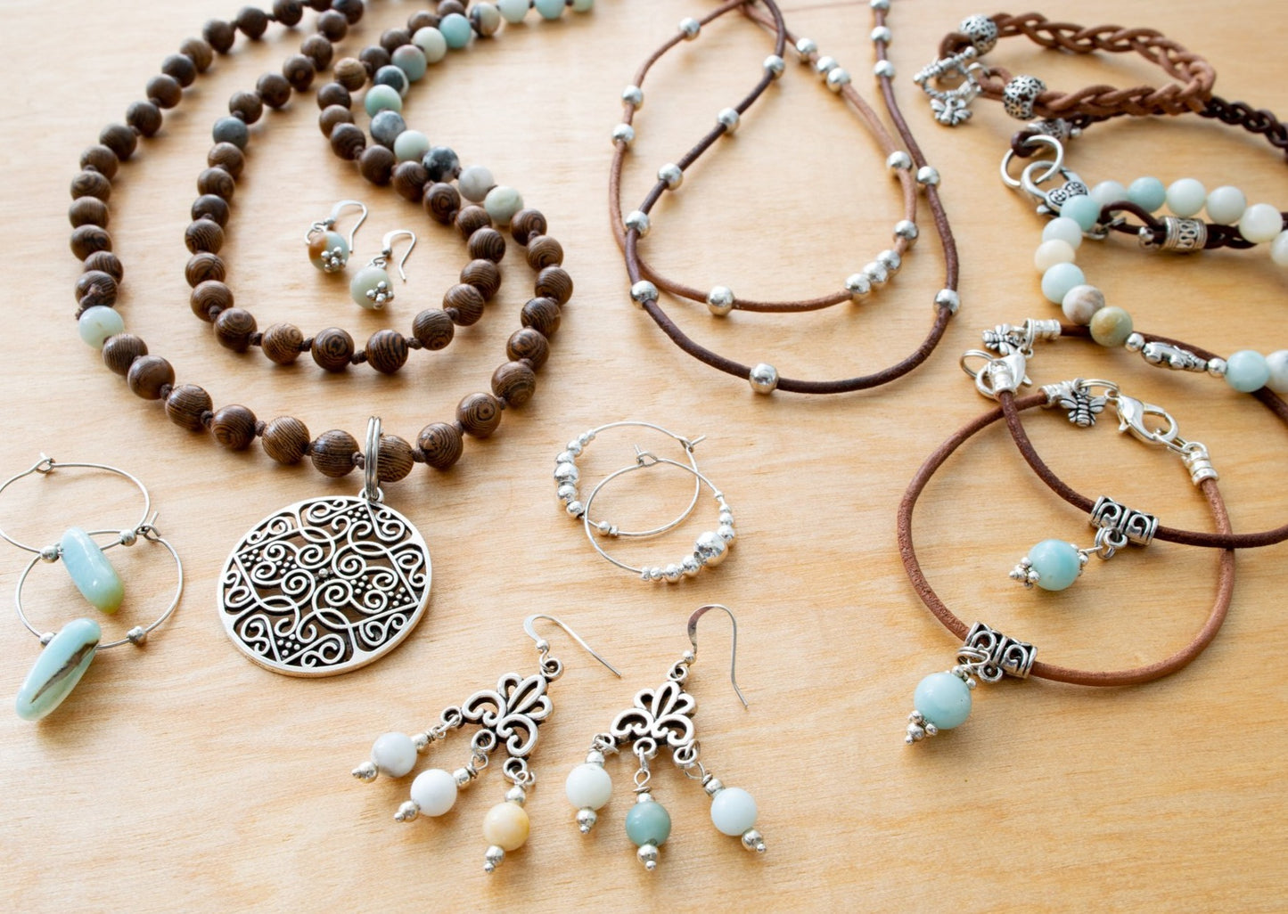 Beginnings, Natural Dark or Light Brown Bracelet with Amazonite Pendant