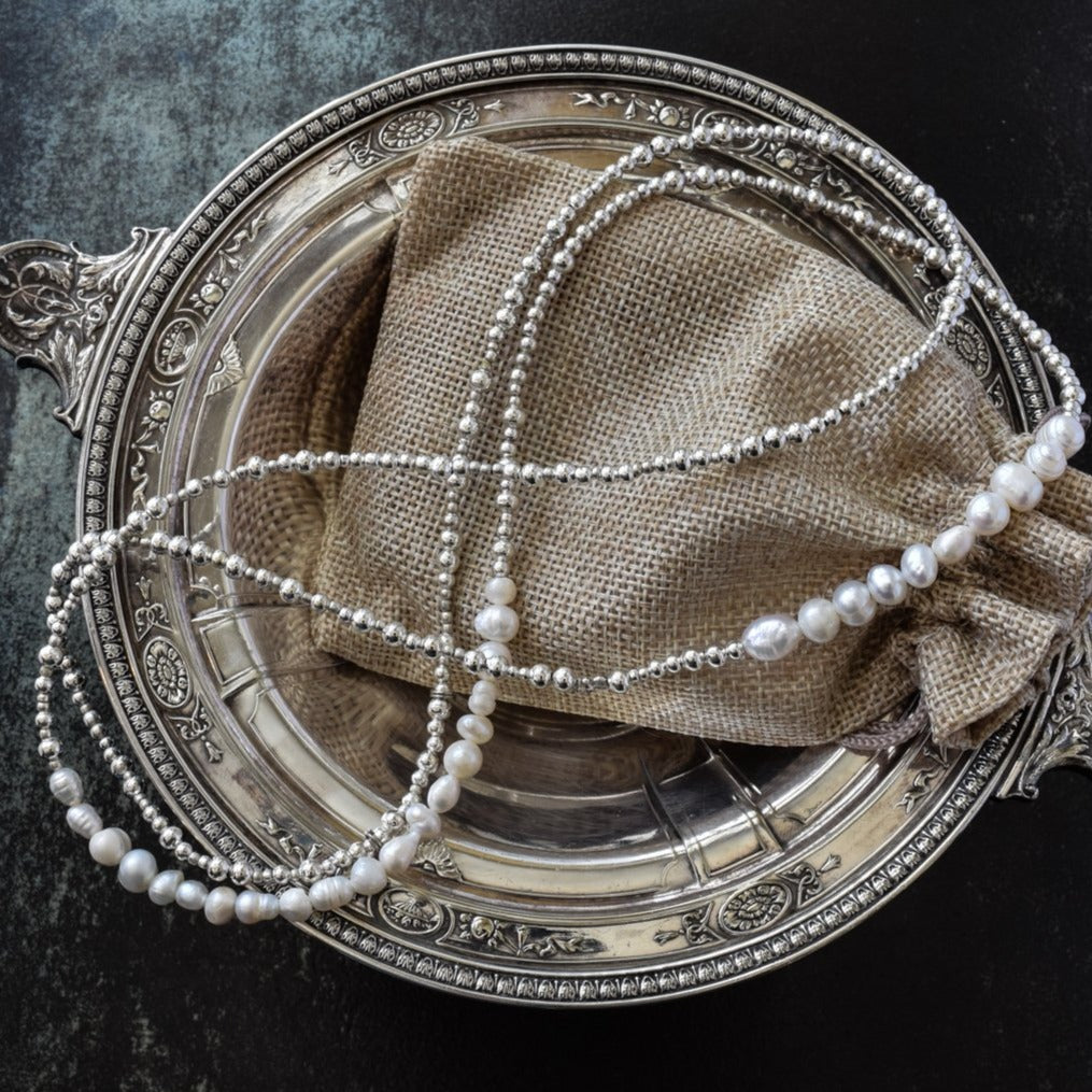 Sophisticated 36'' Necklace with Fresh Water Pearls and Silver Beads