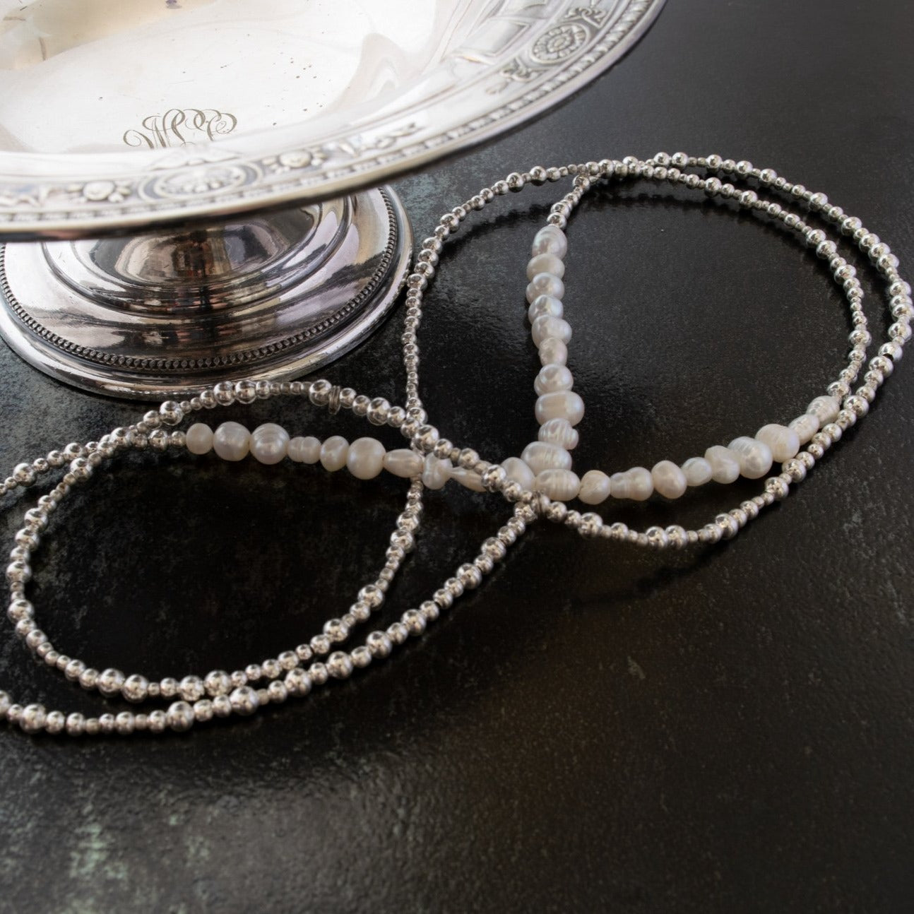 Sophisticated 36'' Necklace with Fresh Water Pearls and Silver Beads