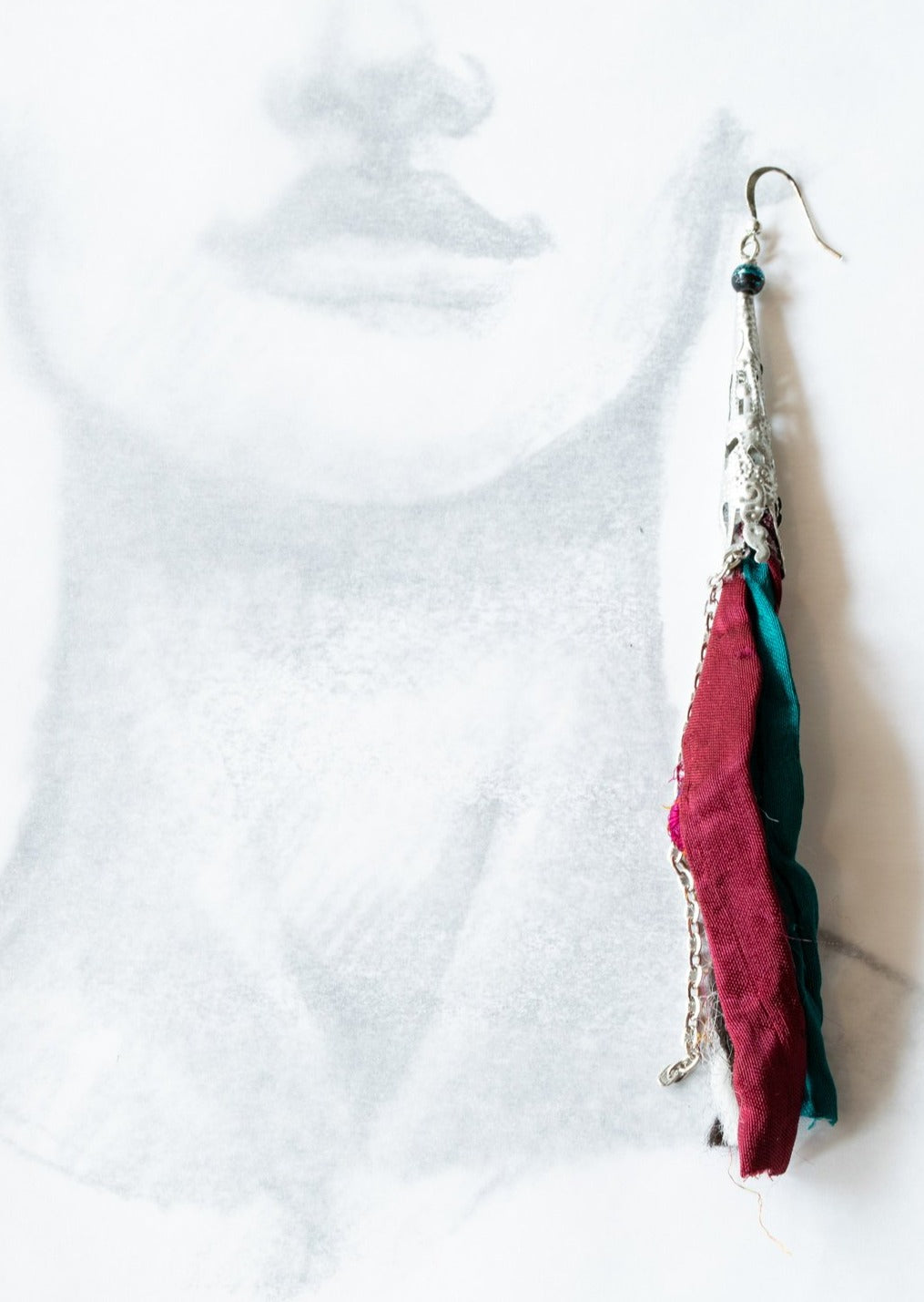 Silk Road, Four Mixed Colors Sari Silk Dangle Earrings with Red, Green, Black, and White