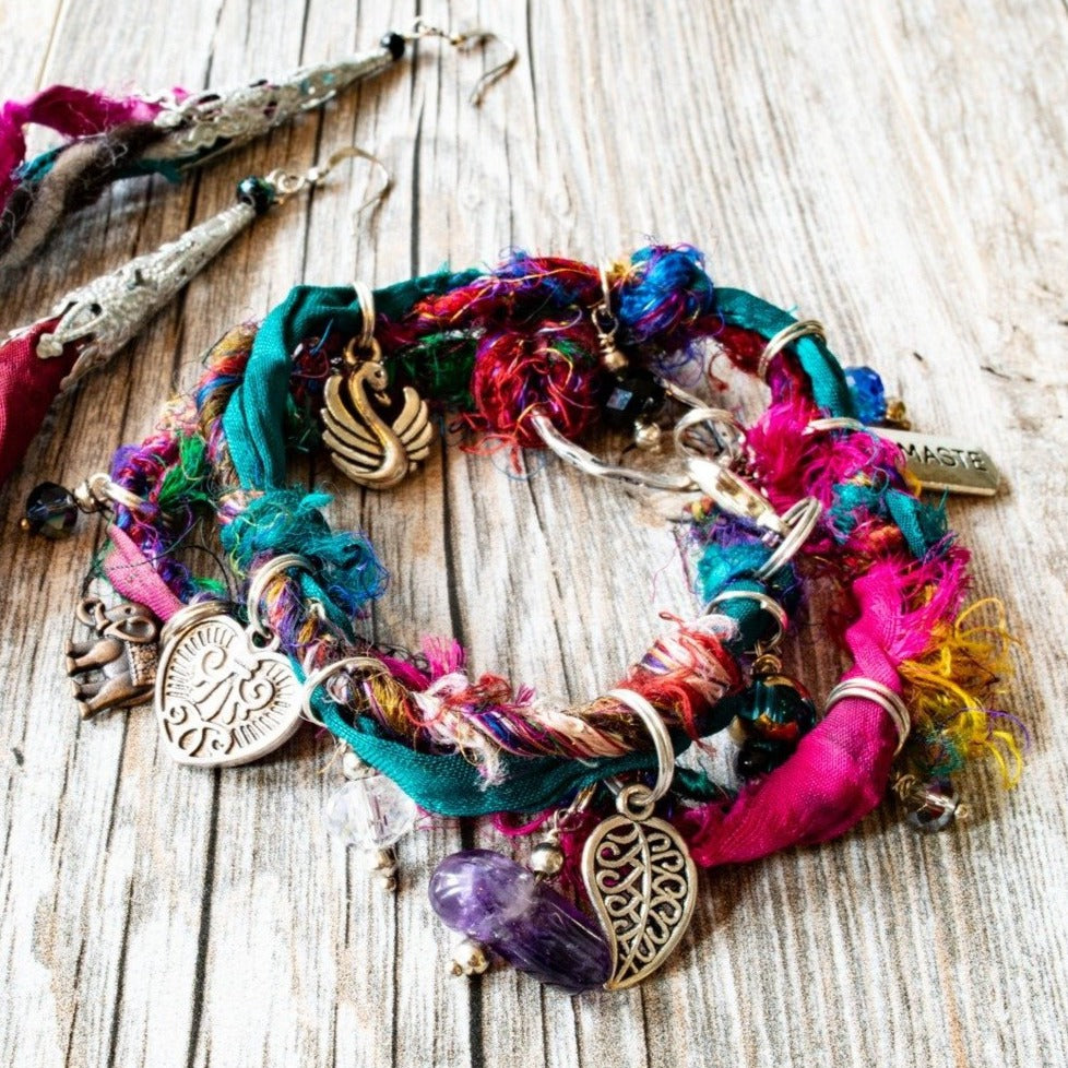 Silk Road, Triple Wrap Bracelet or Necklace with Mixed Jewel Tones