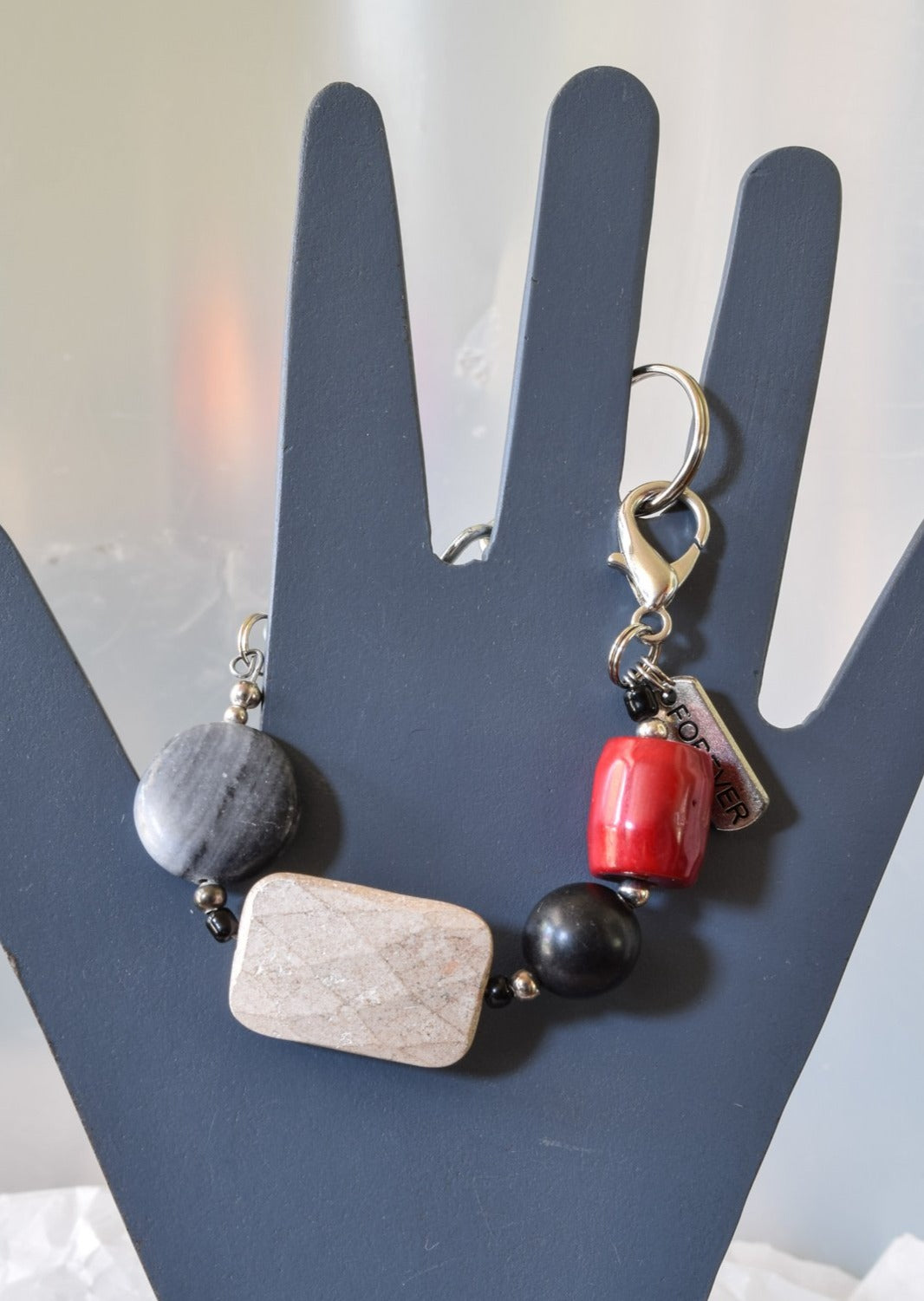 Artisan Series, Sadie - Bracelet with Red Coral, Cream Howlite, and Gray Stone