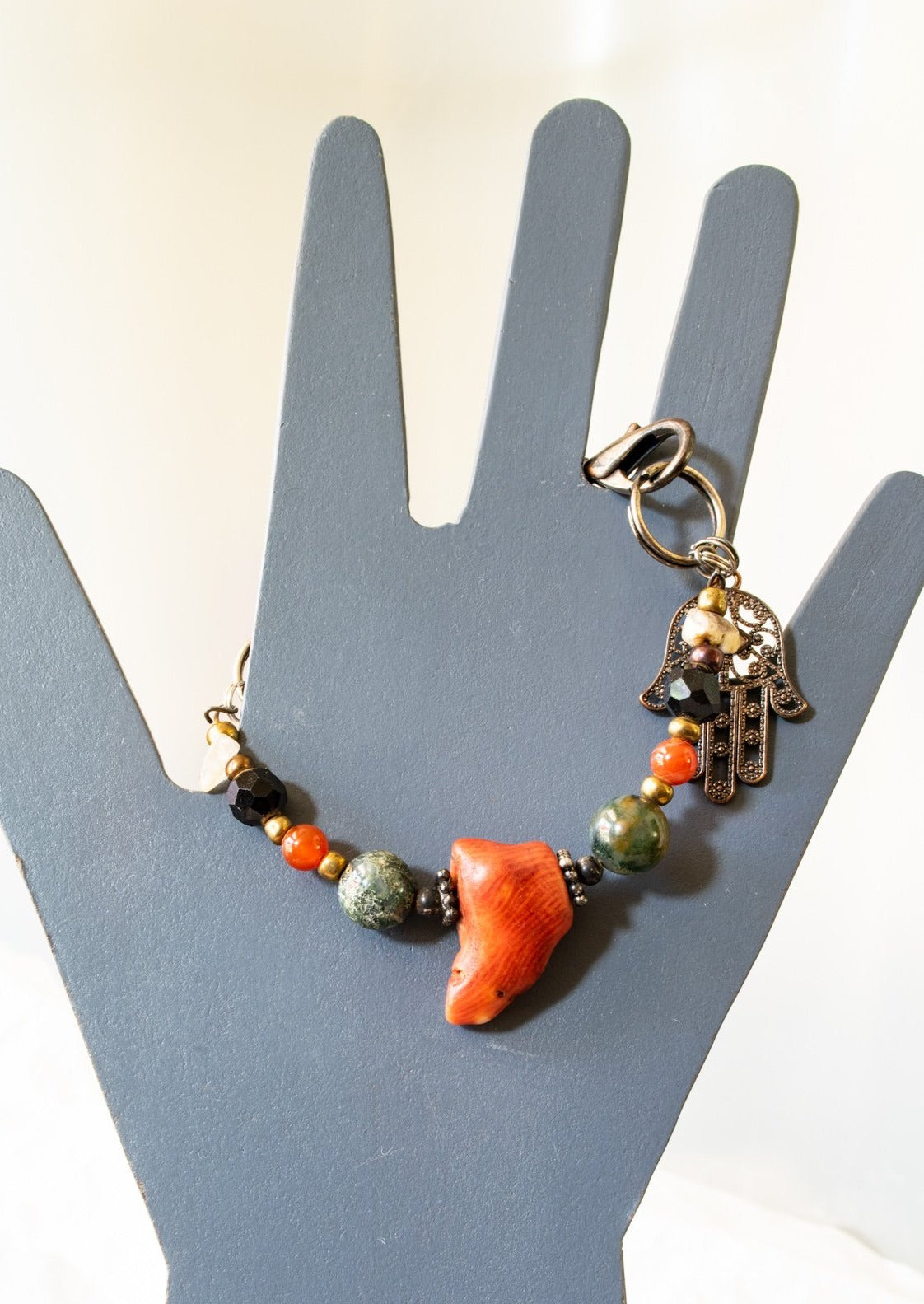 Artisan Series, Sadie Bracelet with Red Coral, Cinnamon Agate, Jasper, and a Hamsa