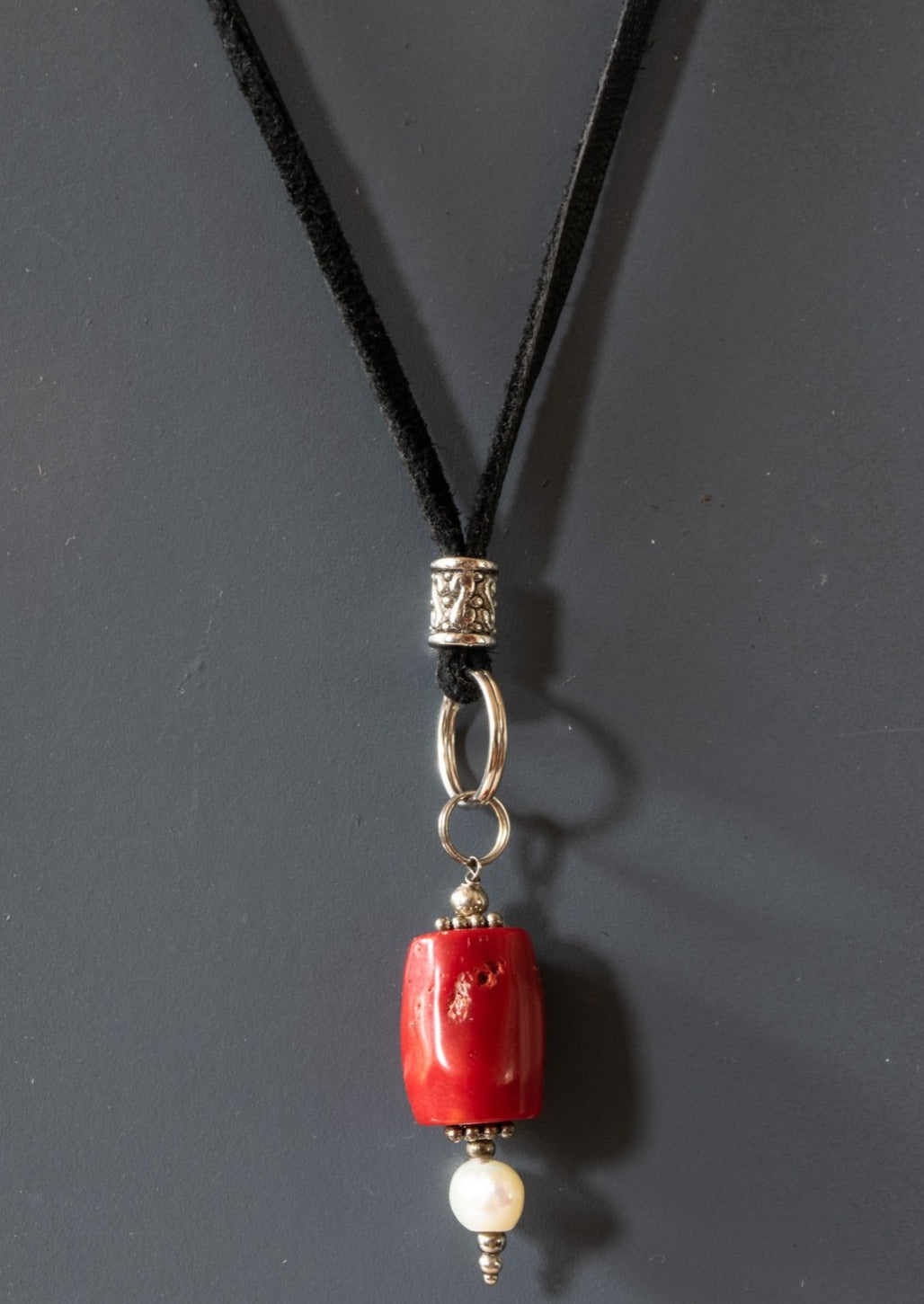 Soft Surrounds, Adjustable Black Leather Necklace with Red Coral and Pearl Pendant