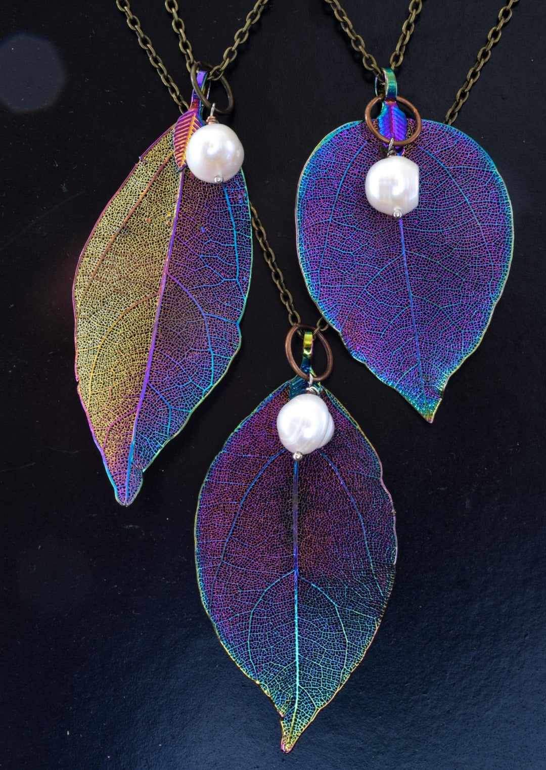 Filligree, Gunmetal Chain Necklace with Electroplated Leaf and White Pearl