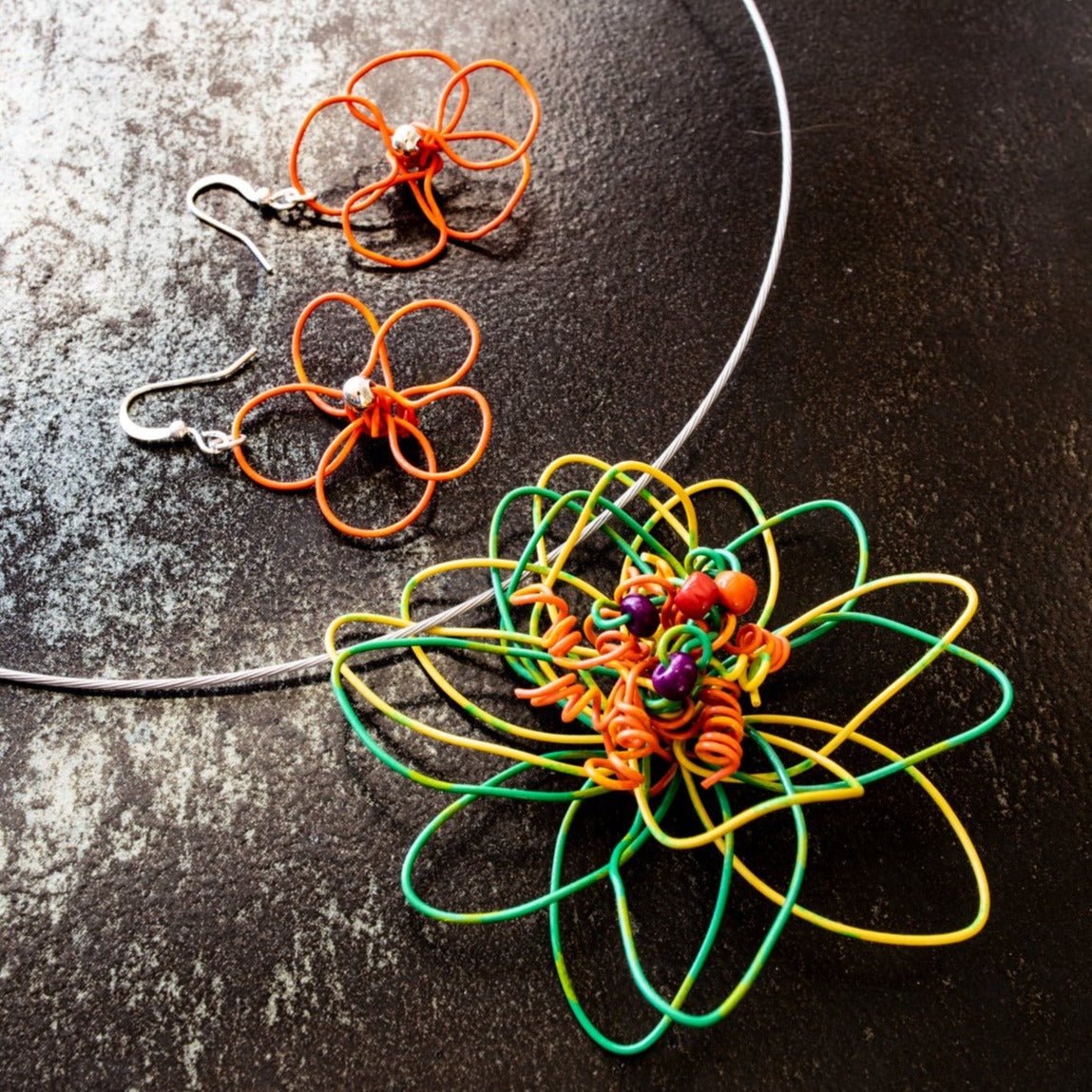 Blooms, Summer Green and Yellow Single Bloom Wild Flower with Orange Stamens Necklace