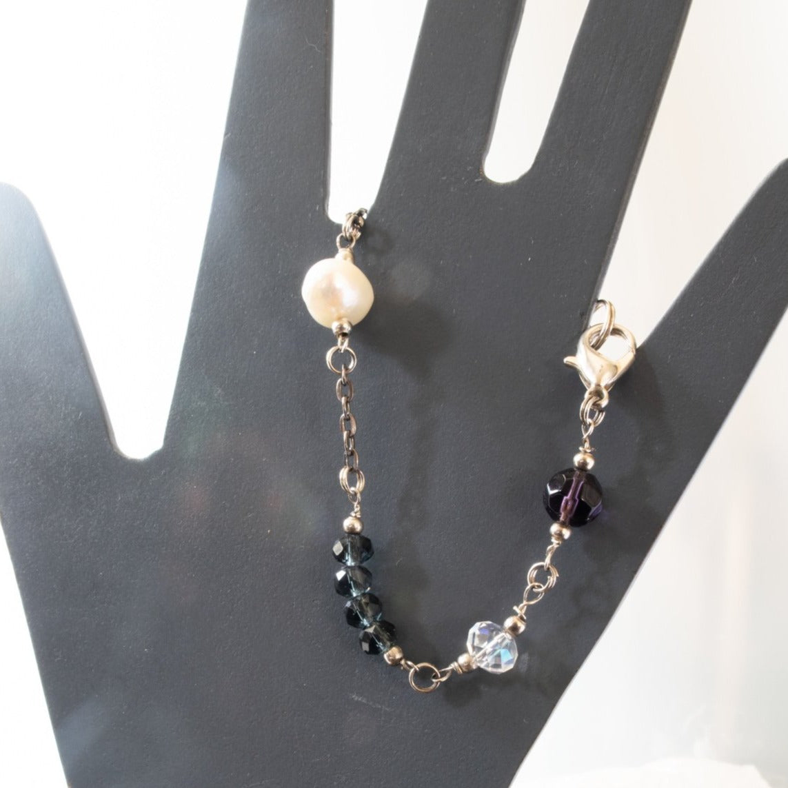 Expressions in Jewels, Bracelet with Gunmetal Chain and links of Faceted Persian Blue, Electroplated Crystals, Hematite, and Fresh-Water Pearls