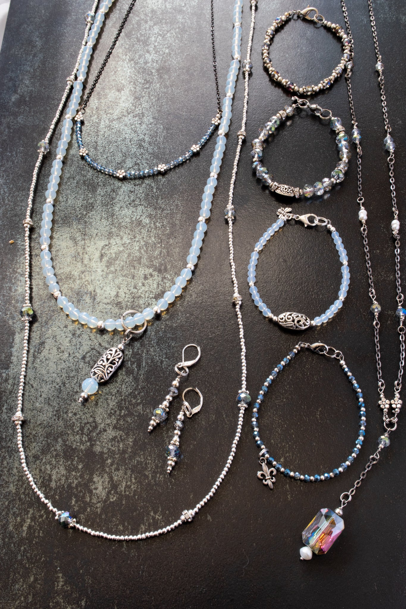 Expressions in Blue, Gunmetal Chain Necklace, with Emerald Cut Crystal Pendant