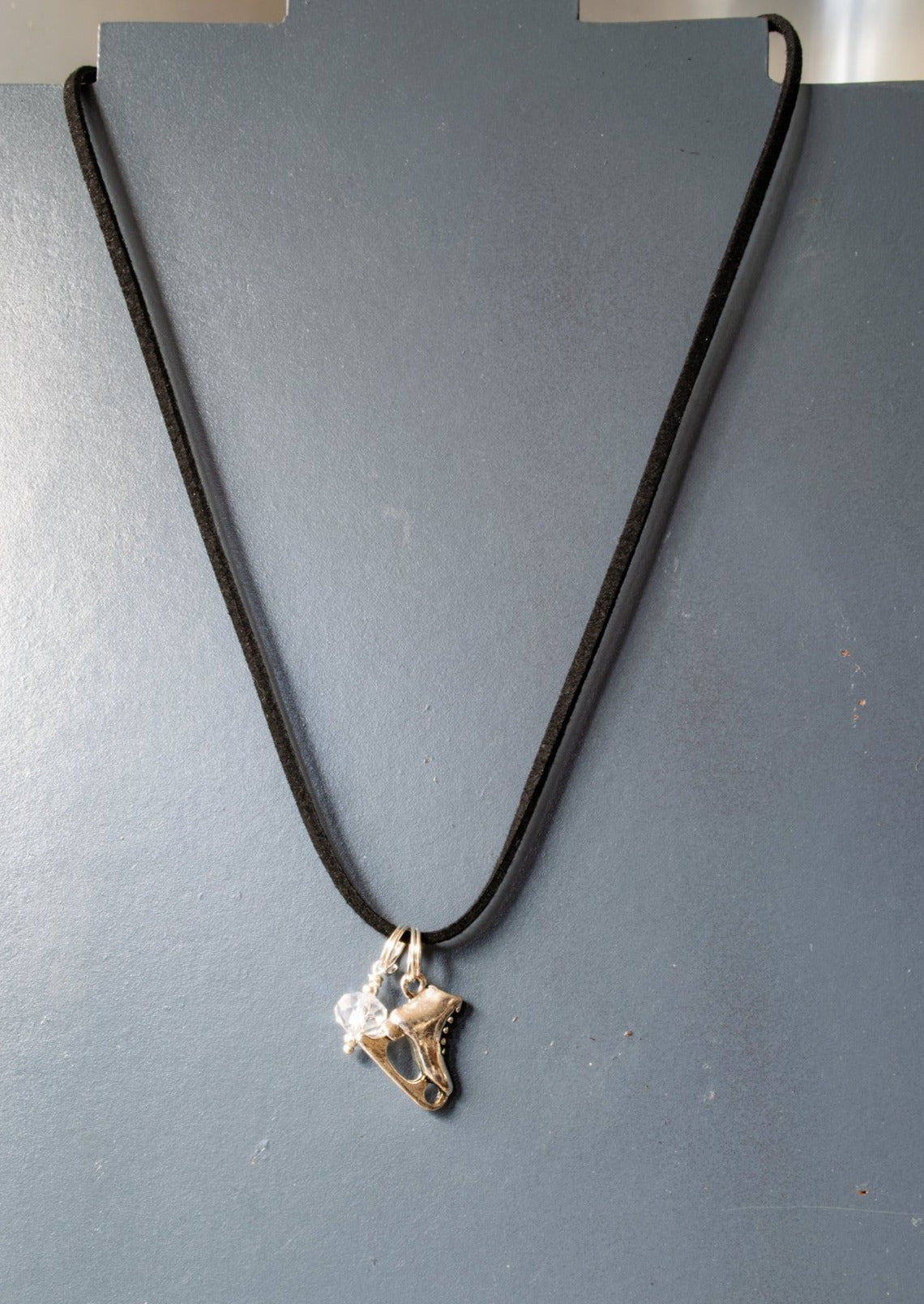 Holidays, Let It Snow - Faux Leather Corded Necklace with a Silver Skate and Clear Crystal