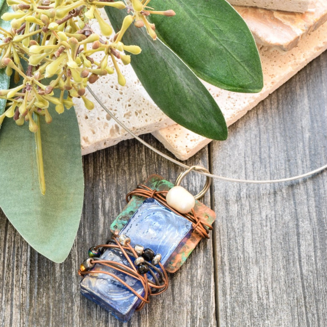 Artisan Series, Slide Necklace with a Blue Glass Pendant