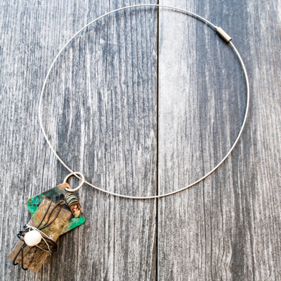 Artisan Series, Stainless Steel Slide Necklace with Gold Glass Pendant