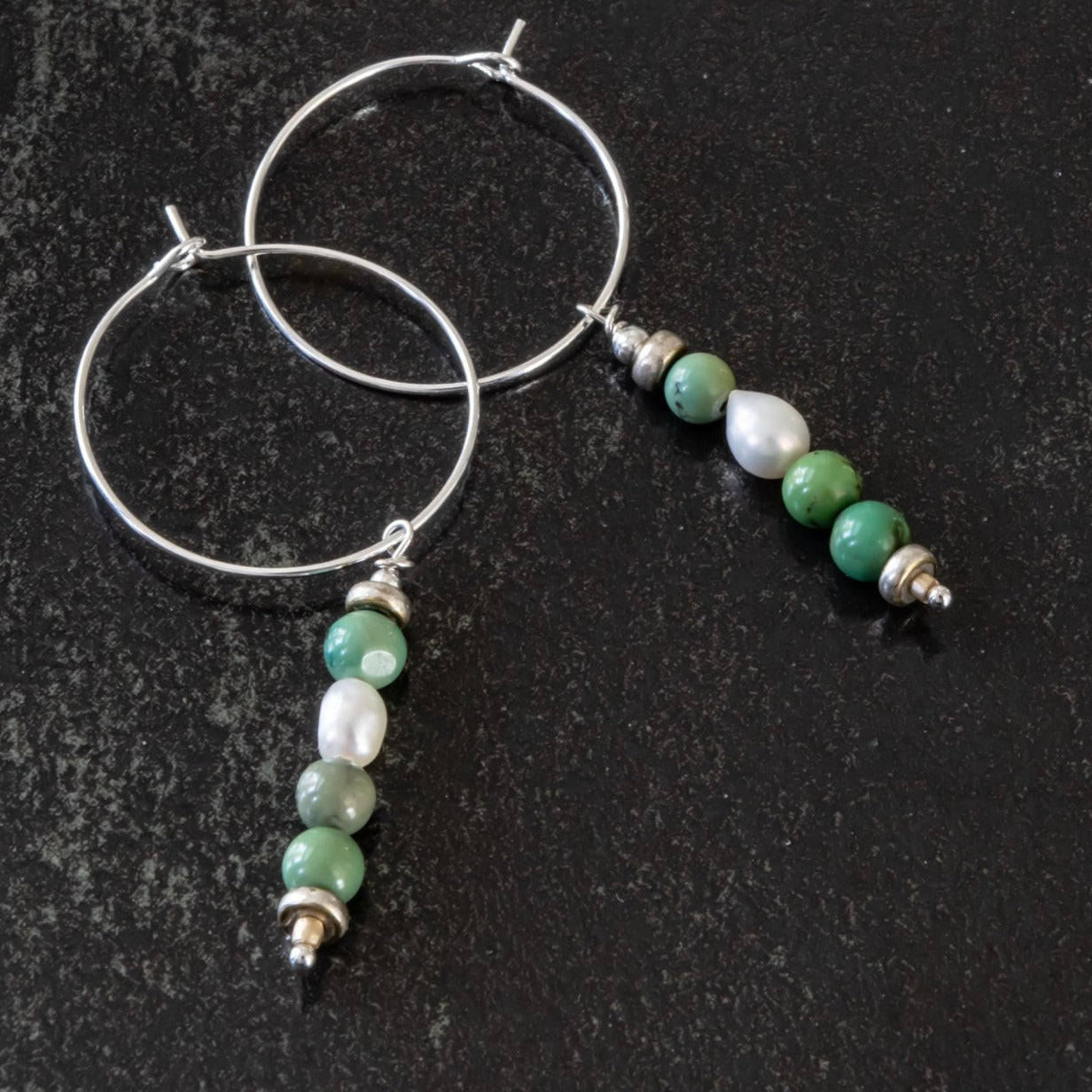 Expressions in Turquoise2 green Natural Turquoise and pearl silver hoop Dangle Earrings