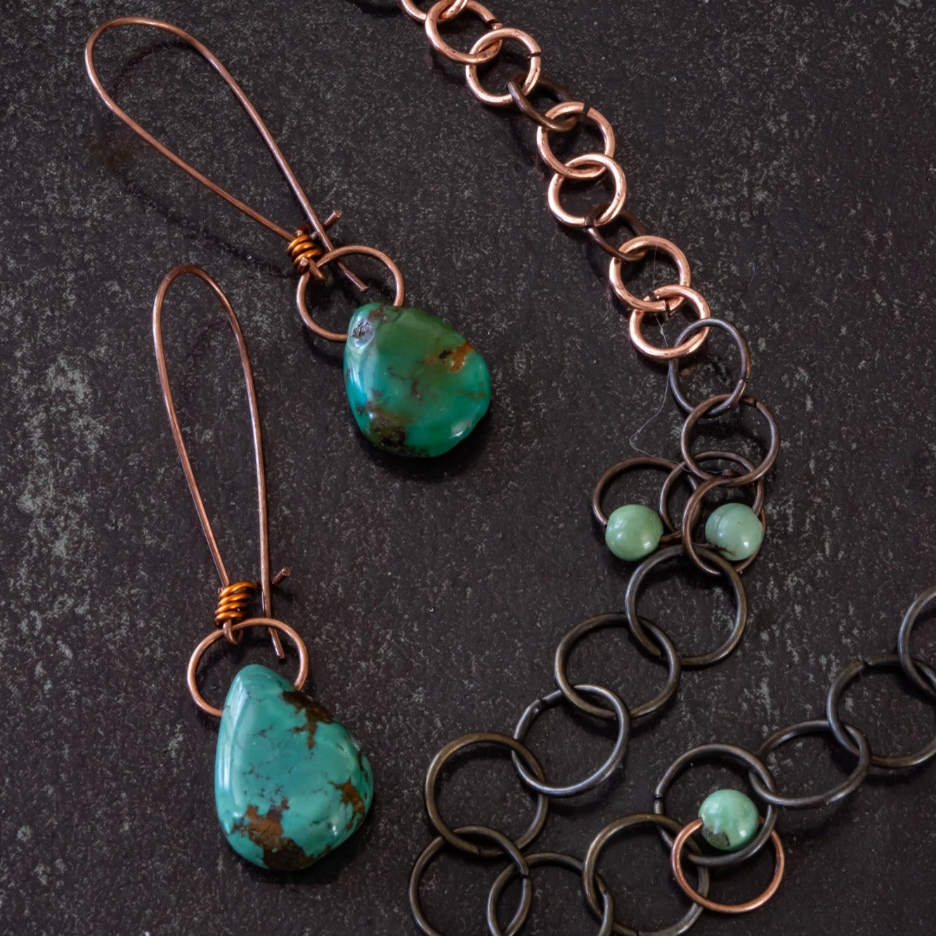 Expressions in Turquoise2 green Natural Turquoise copper Dangle Earrings