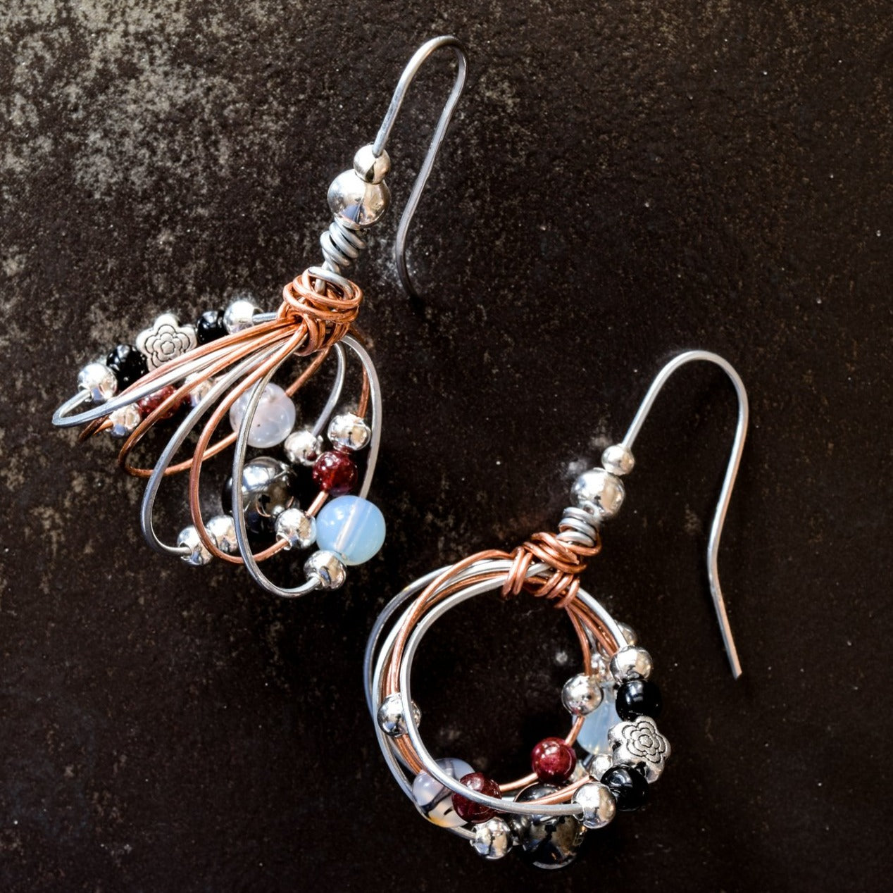 Artisan Series - Bundles, Winter Mix Steel and Copper Wire Earrings with Black and Red Stones, and Silver Beads